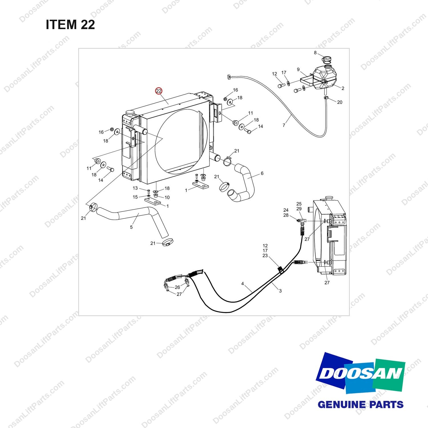 A453506PM Lines Gp - Cooling - full parts diagram, item 22 marked - genuine Doosan / Bobcat forklift part
