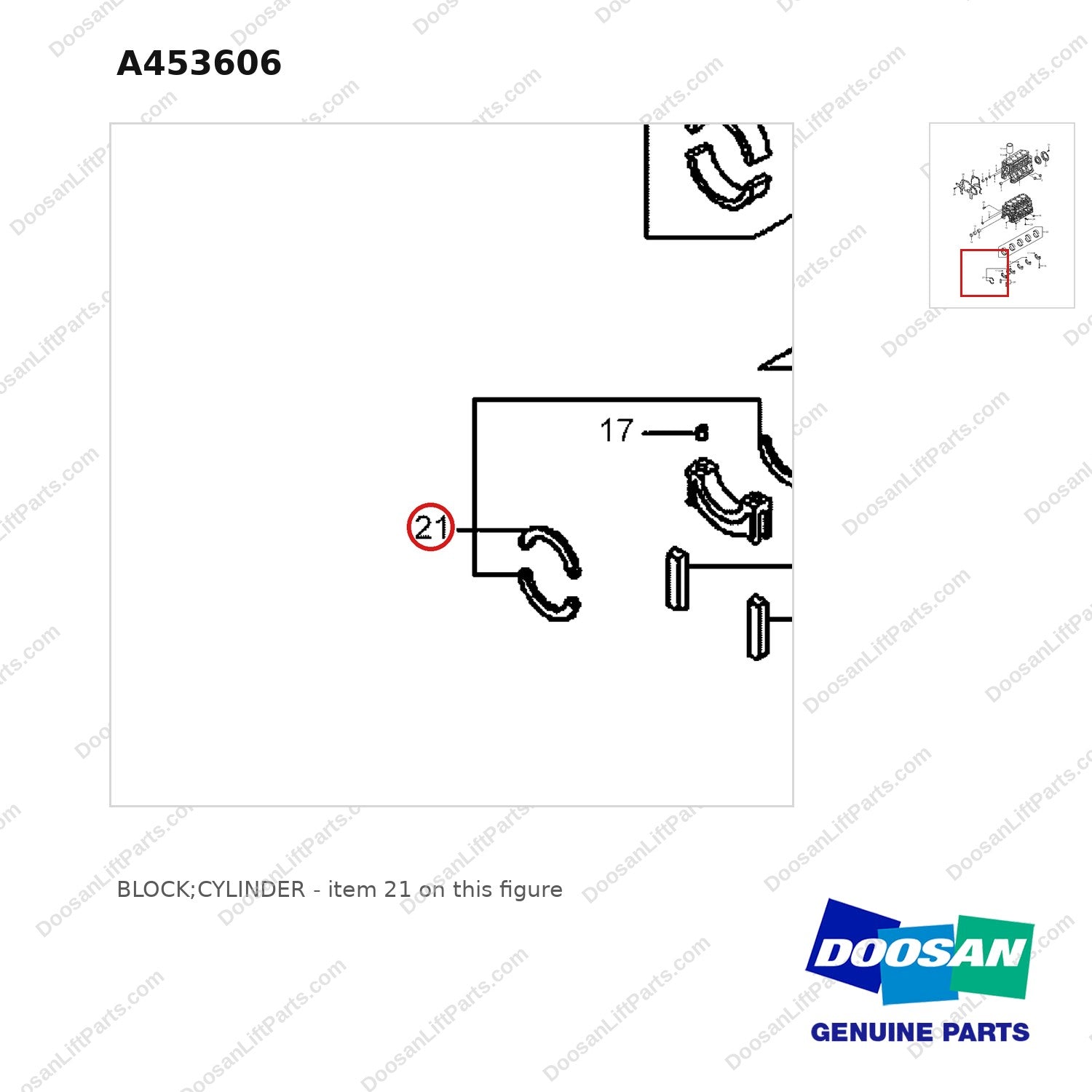 A453606 BLOCK;CYLINDER - parts diagram, item 21 shown - genuine Doosan / Bobcat forklift part