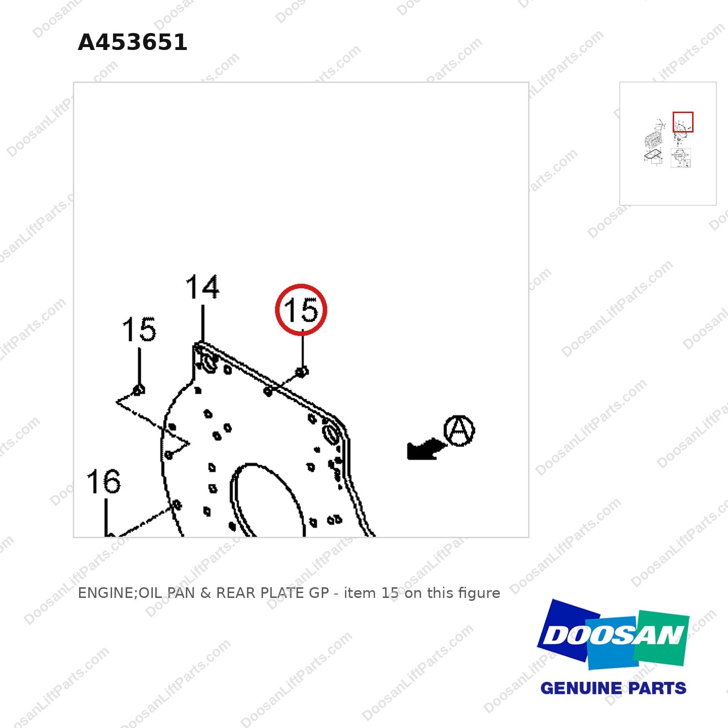 A453651 ENGINE;OIL PAN & REAR PLATE GP - parts diagram, item 15 shown - genuine Doosan / Bobcat forklift part