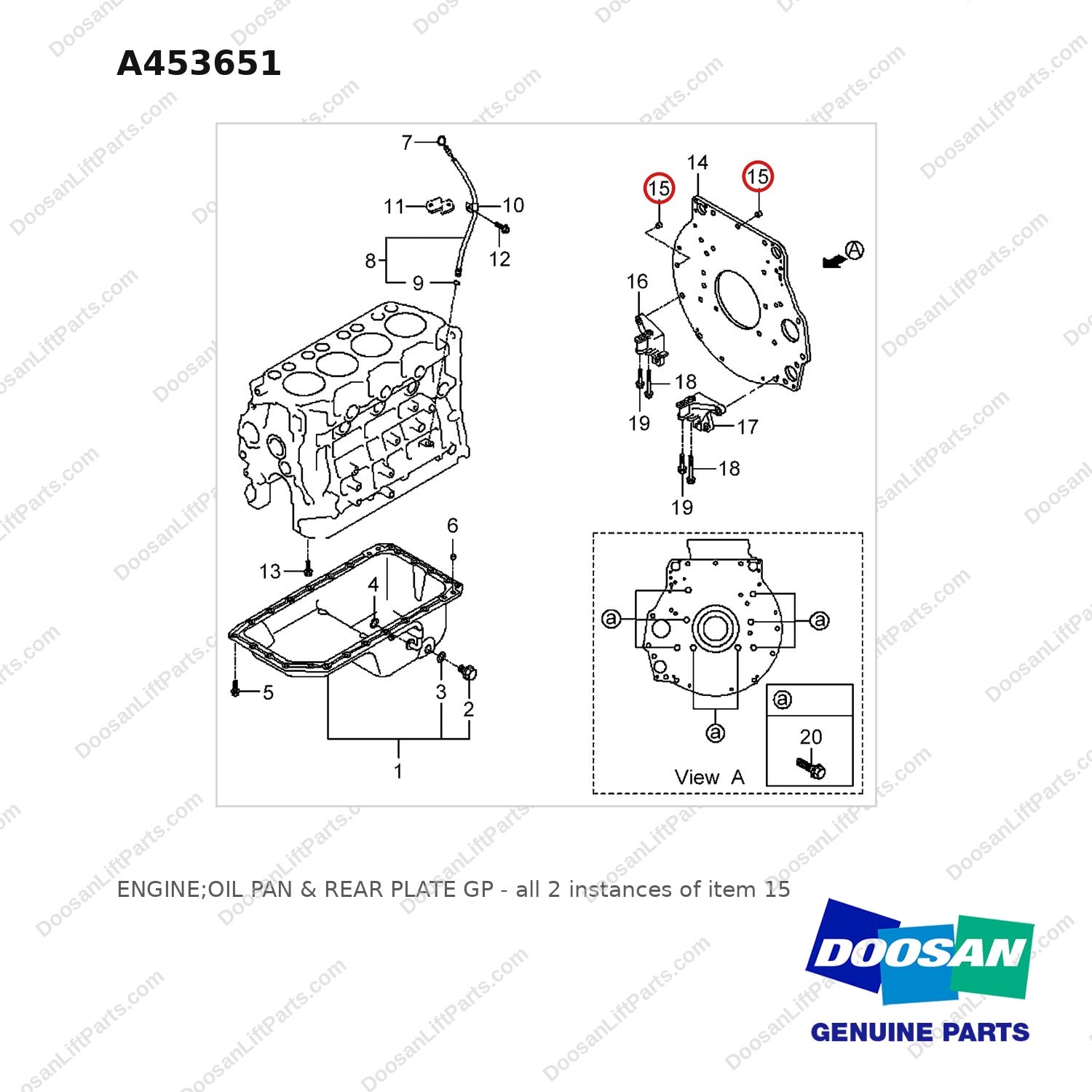 A453651 ENGINE;OIL PAN & REAR PLATE GP - full parts diagram, item 15 marked - genuine Doosan / Bobcat forklift part
