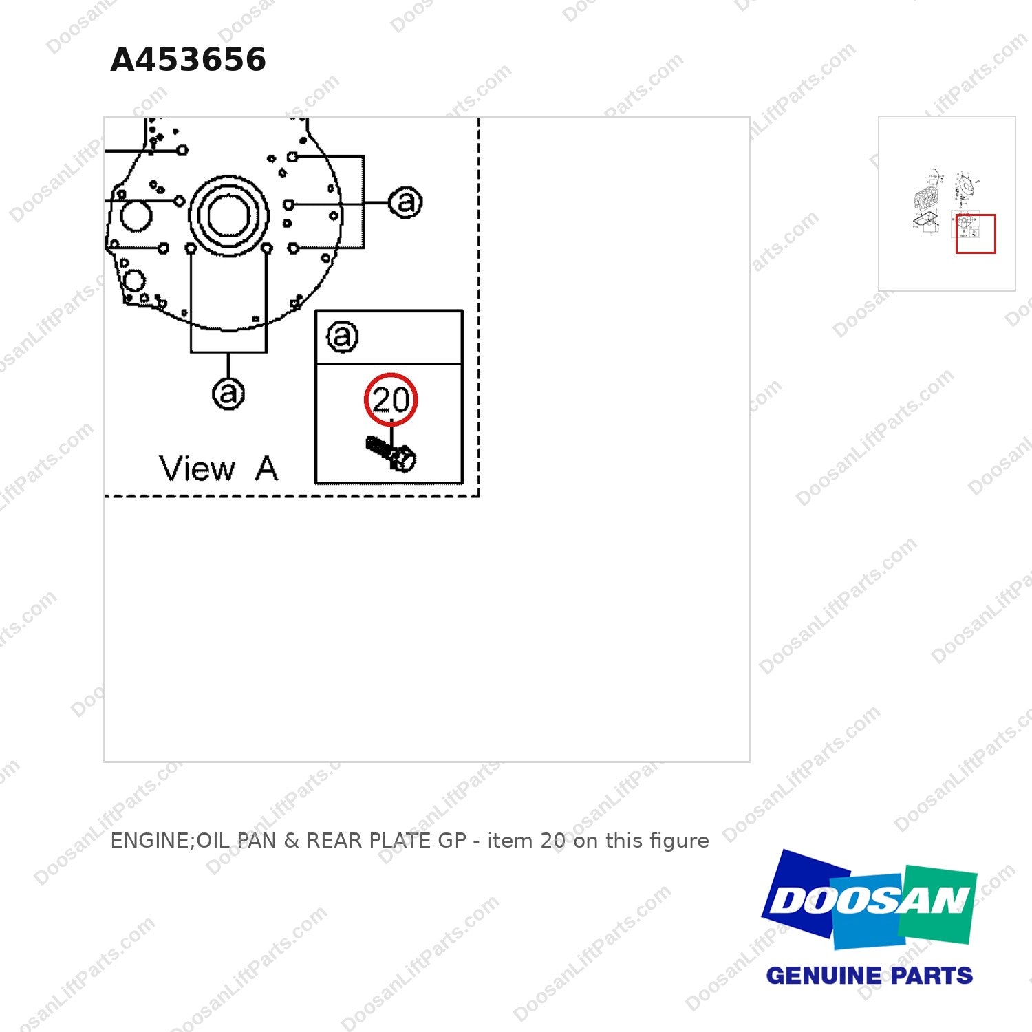 A453656 ENGINE;OIL PAN & REAR PLATE GP - parts diagram, item 20 shown - genuine Doosan / Bobcat forklift part