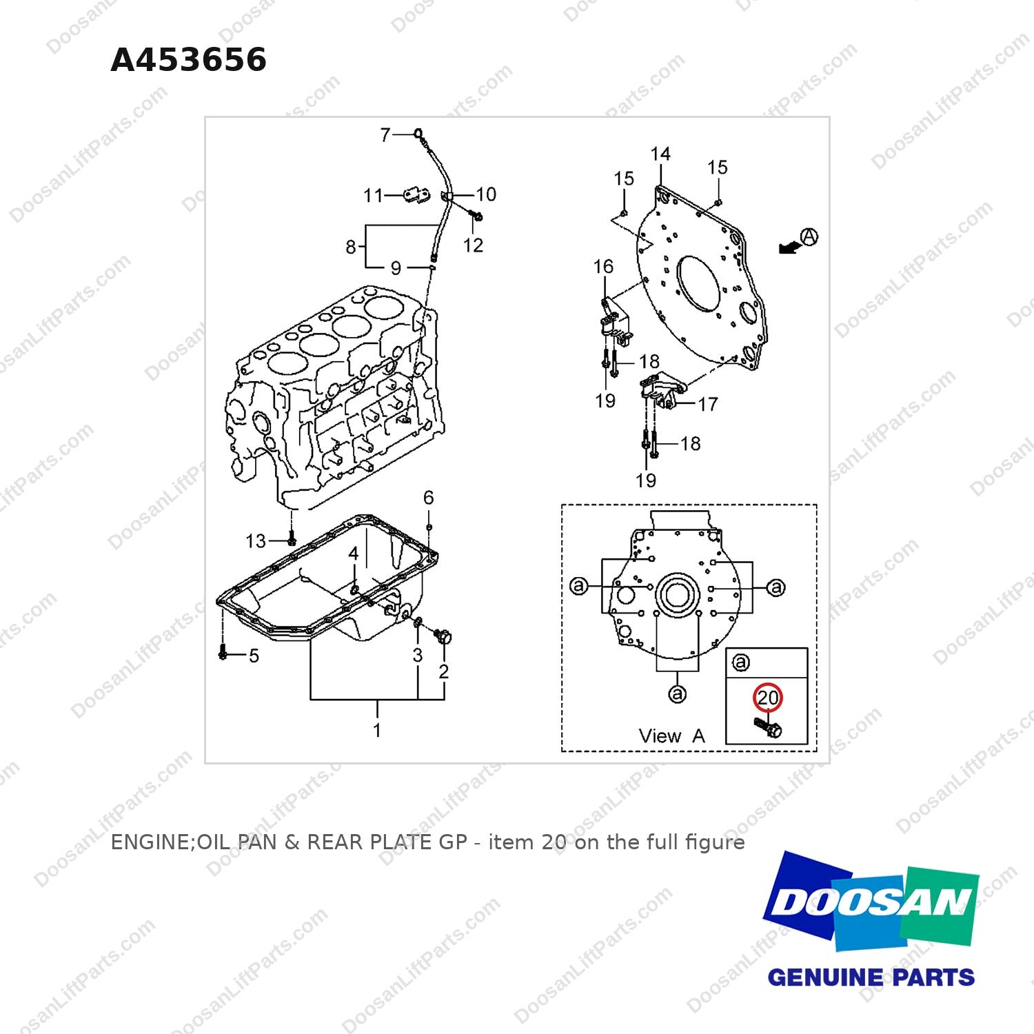 A453656 ENGINE;OIL PAN & REAR PLATE GP - full parts diagram, item 20 marked - genuine Doosan / Bobcat forklift part