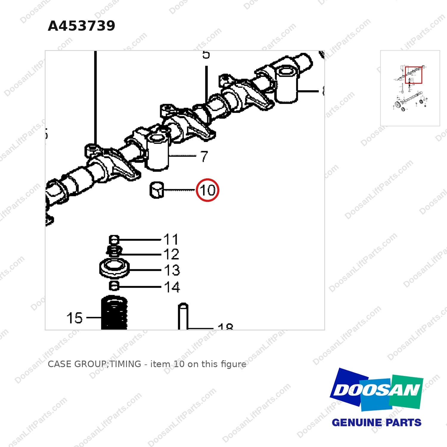 A453739 CASE GROUP;TIMING - parts diagram, item 10 shown - genuine Doosan / Bobcat forklift part