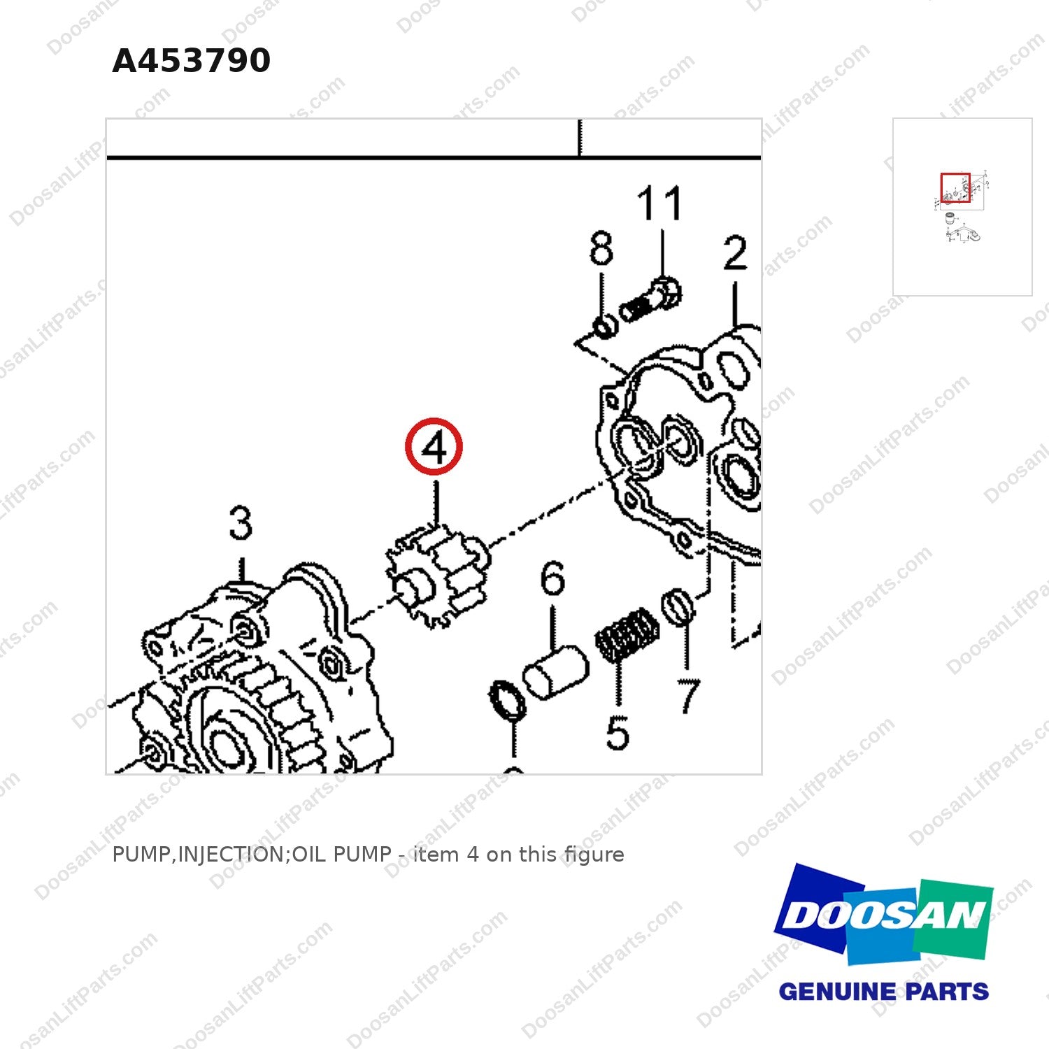 A453790 PUMP,INJECTION;OIL PUMP - parts diagram, item 4 shown - genuine Doosan / Bobcat forklift part