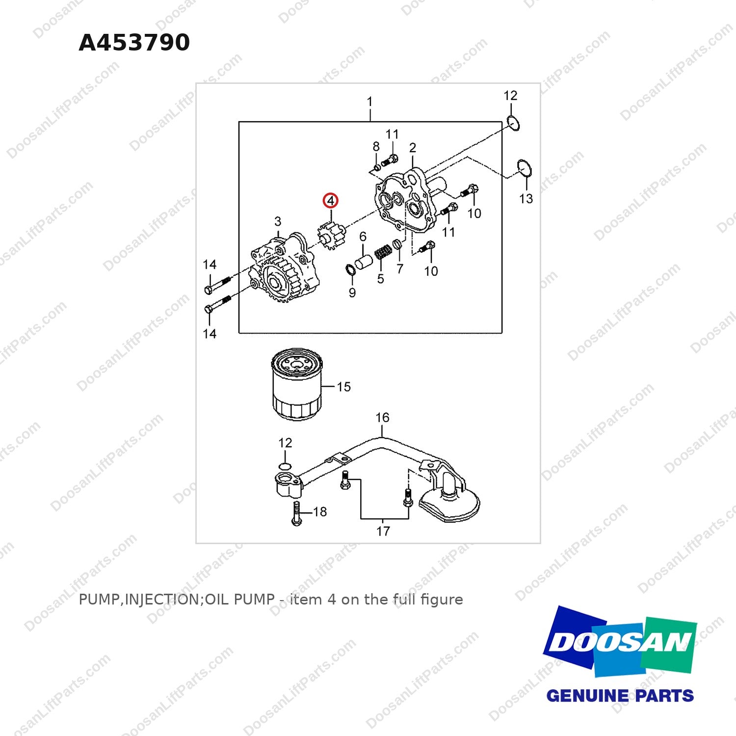 A453790 PUMP,INJECTION;OIL PUMP - full parts diagram, item 4 marked - genuine Doosan / Bobcat forklift part