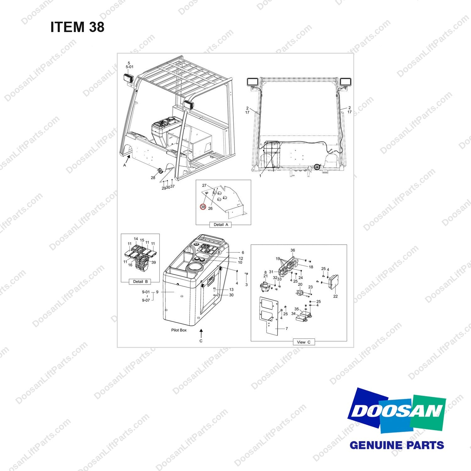 A454026 CONTROL GROUP,ELECTRONIC;T4,55KW - full parts diagram, item 38 marked - genuine Doosan / Bobcat forklift part