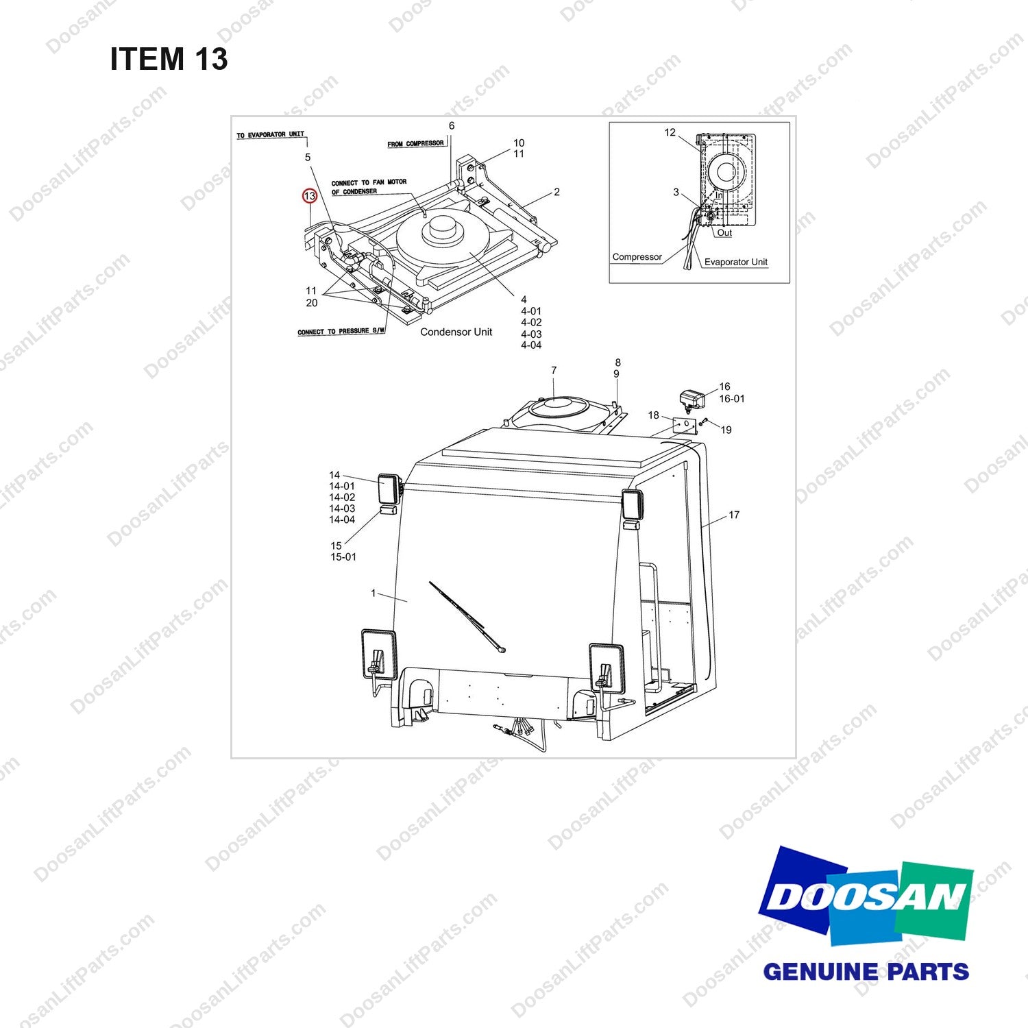 A454062 Cabin Gp-For Aircon. - full parts diagram, item 13 marked - genuine Doosan / Bobcat forklift part