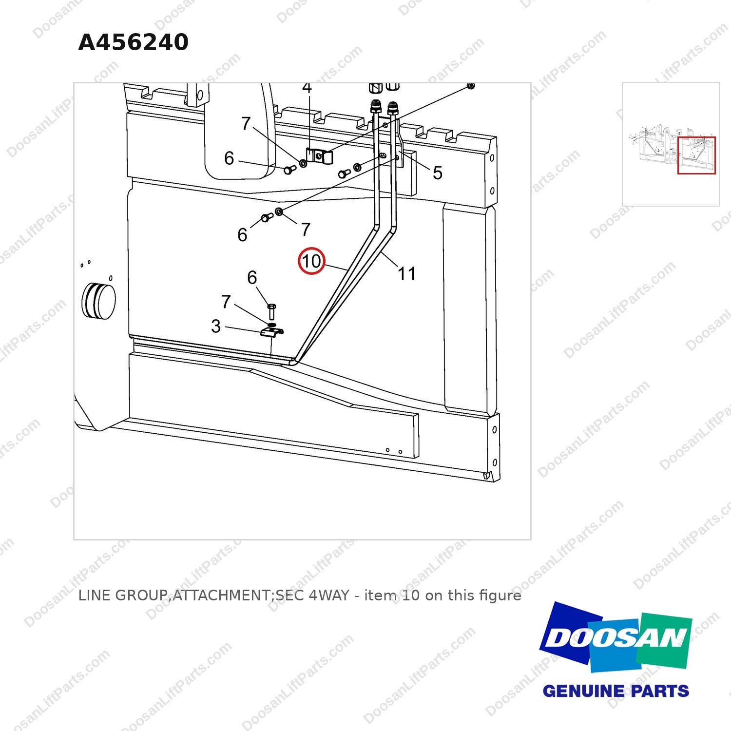 A456240 LINE GROUP,ATTACHMENT;SEC 4WAY - parts diagram, item 10 shown - genuine Doosan / Bobcat forklift part