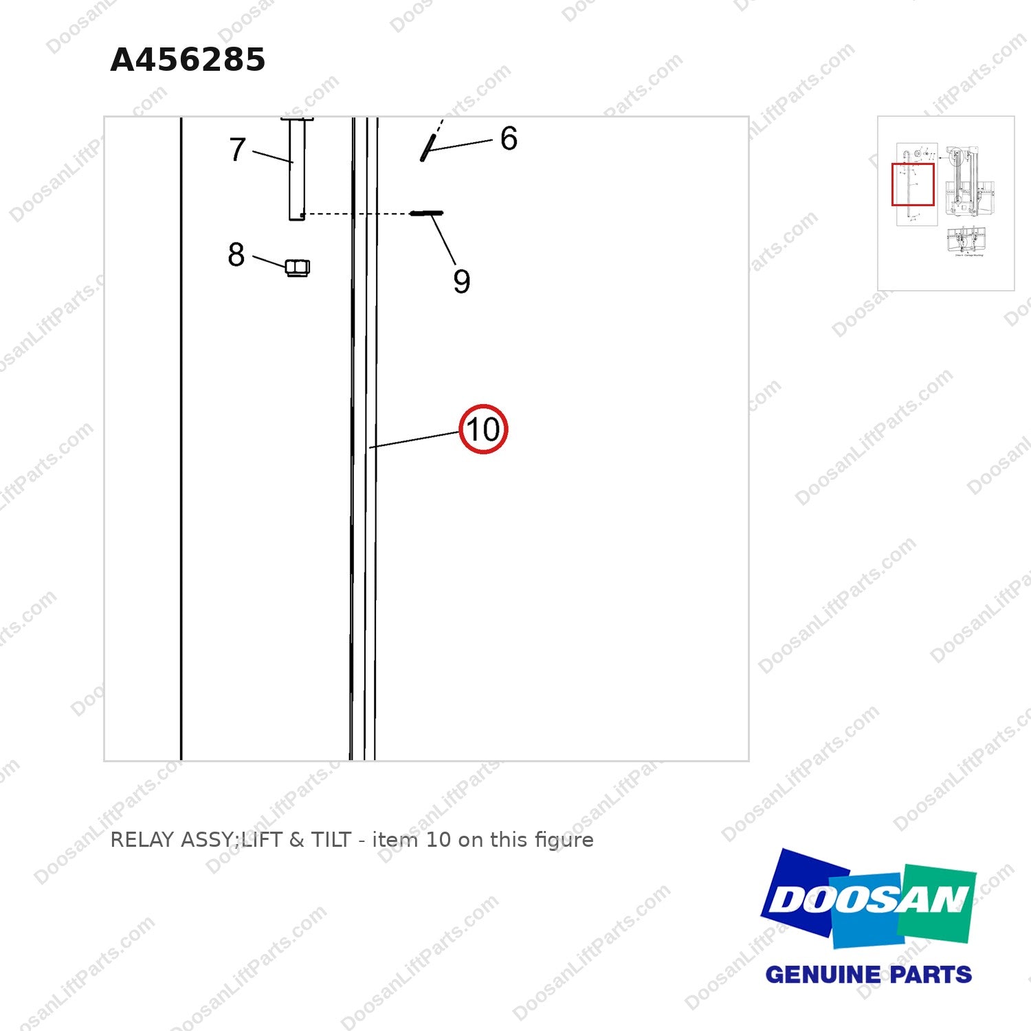 A456285 RELAY ASSY;LIFT & TILT - parts diagram, item 10 shown - genuine Doosan / Bobcat forklift part