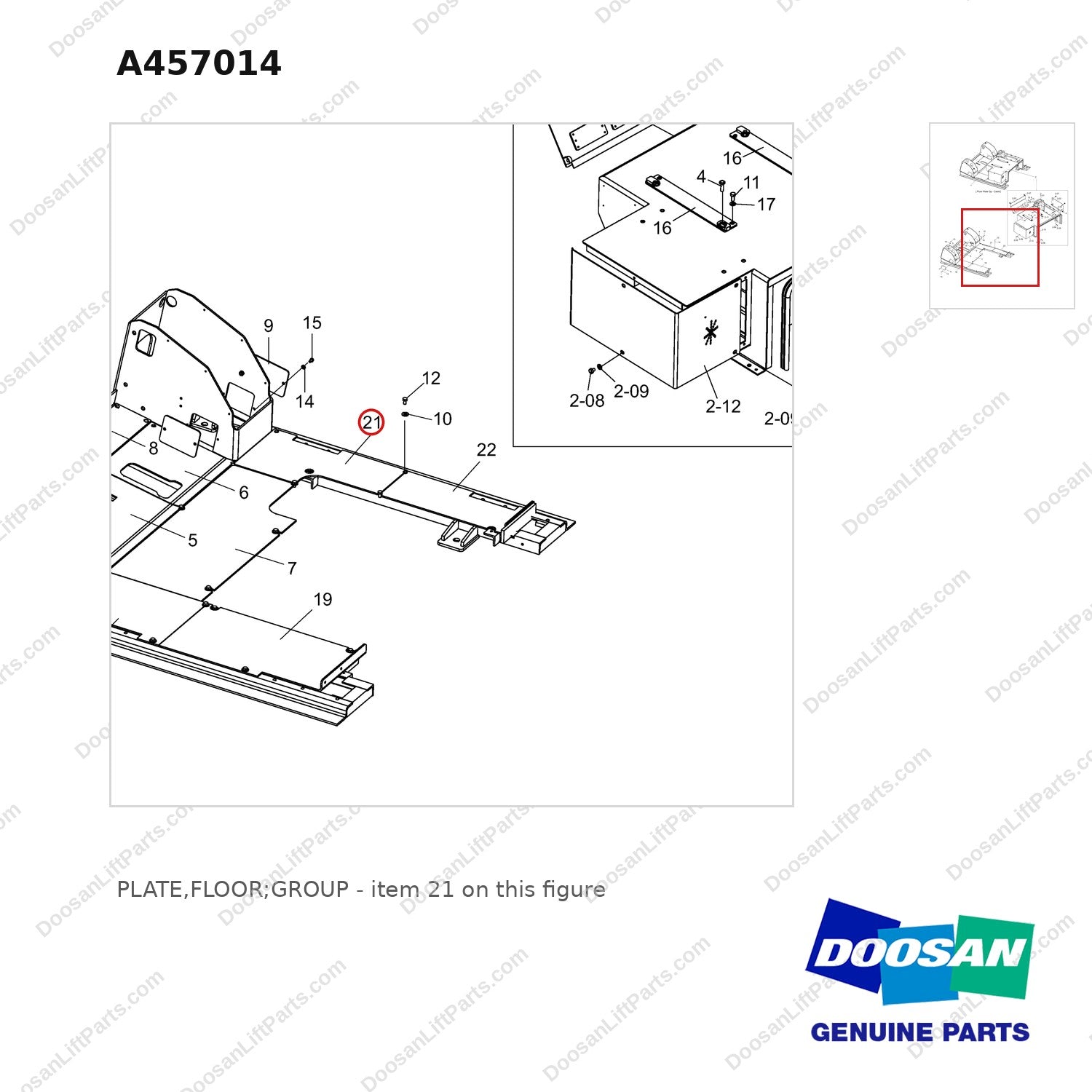 A457014 PLATE,FLOOR;GROUP - parts diagram, item 21 shown - genuine Doosan / Bobcat forklift part