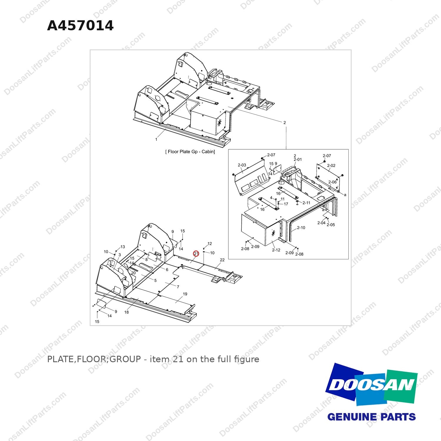 A457014 PLATE,FLOOR;GROUP - full parts diagram, item 21 marked - genuine Doosan / Bobcat forklift part
