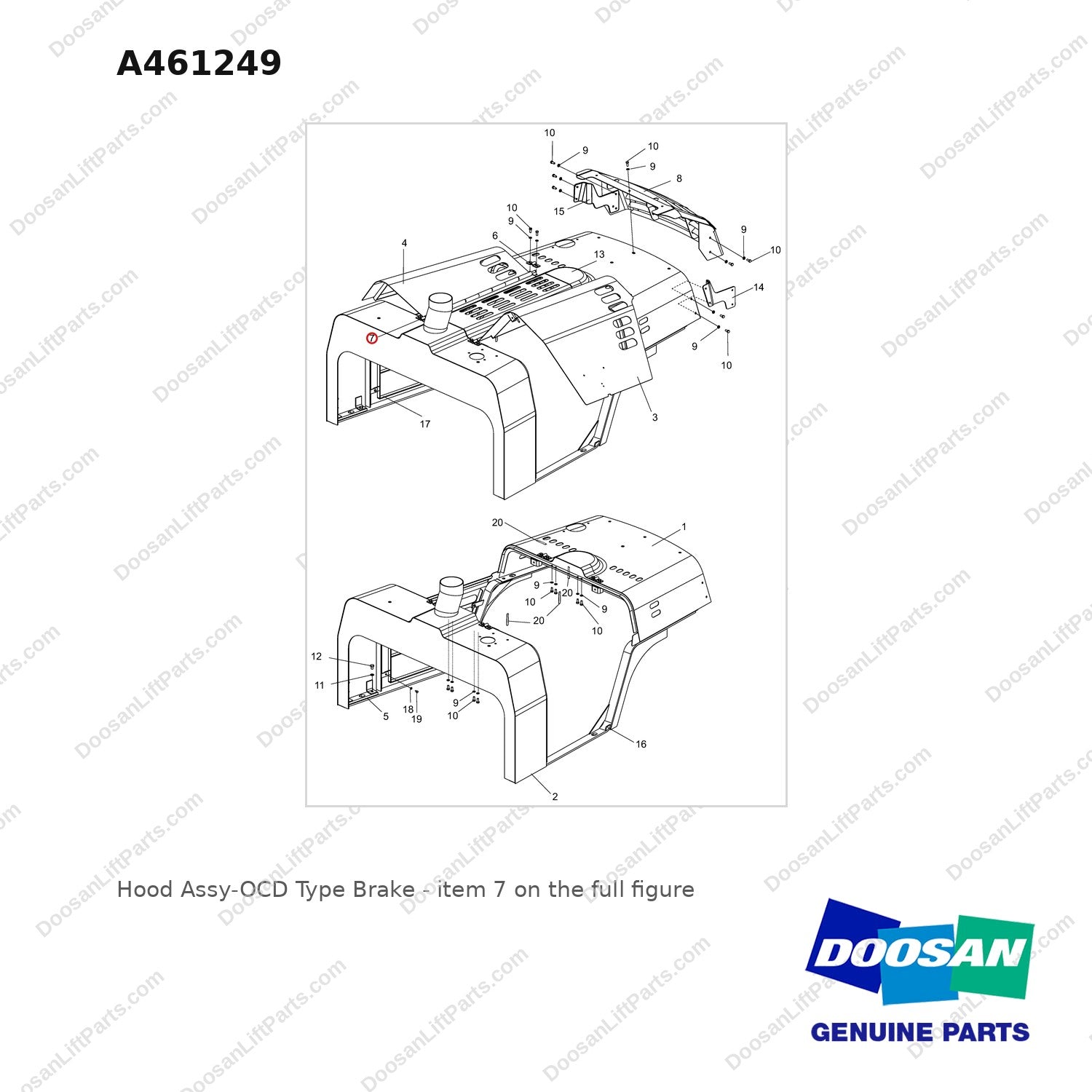 A461249 Hood Assy-OCD Type Brake - full parts diagram, item 7 marked - genuine Doosan / Bobcat forklift part