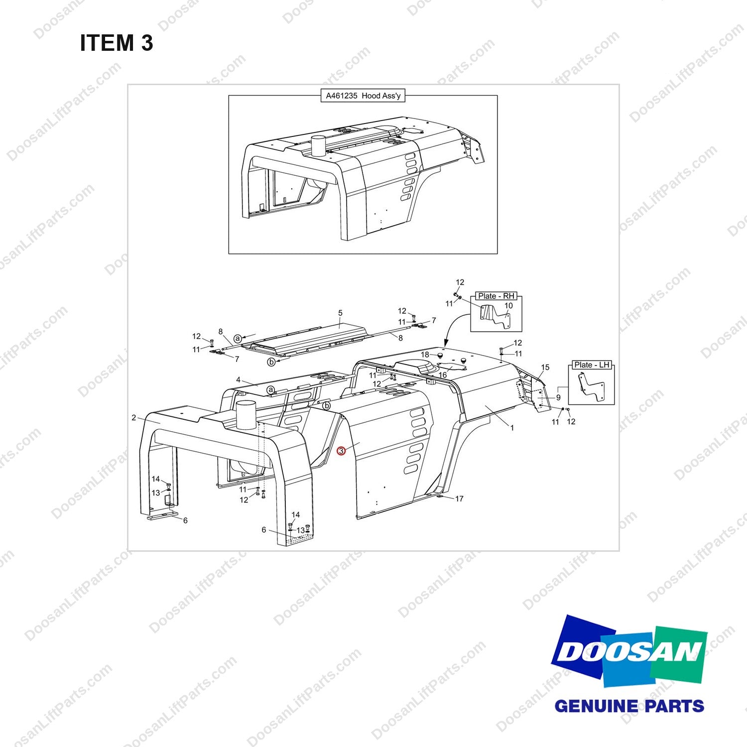 A461282 Hood Assy-Shoe Type Brake - full parts diagram, item 3 marked - genuine Doosan / Bobcat forklift part