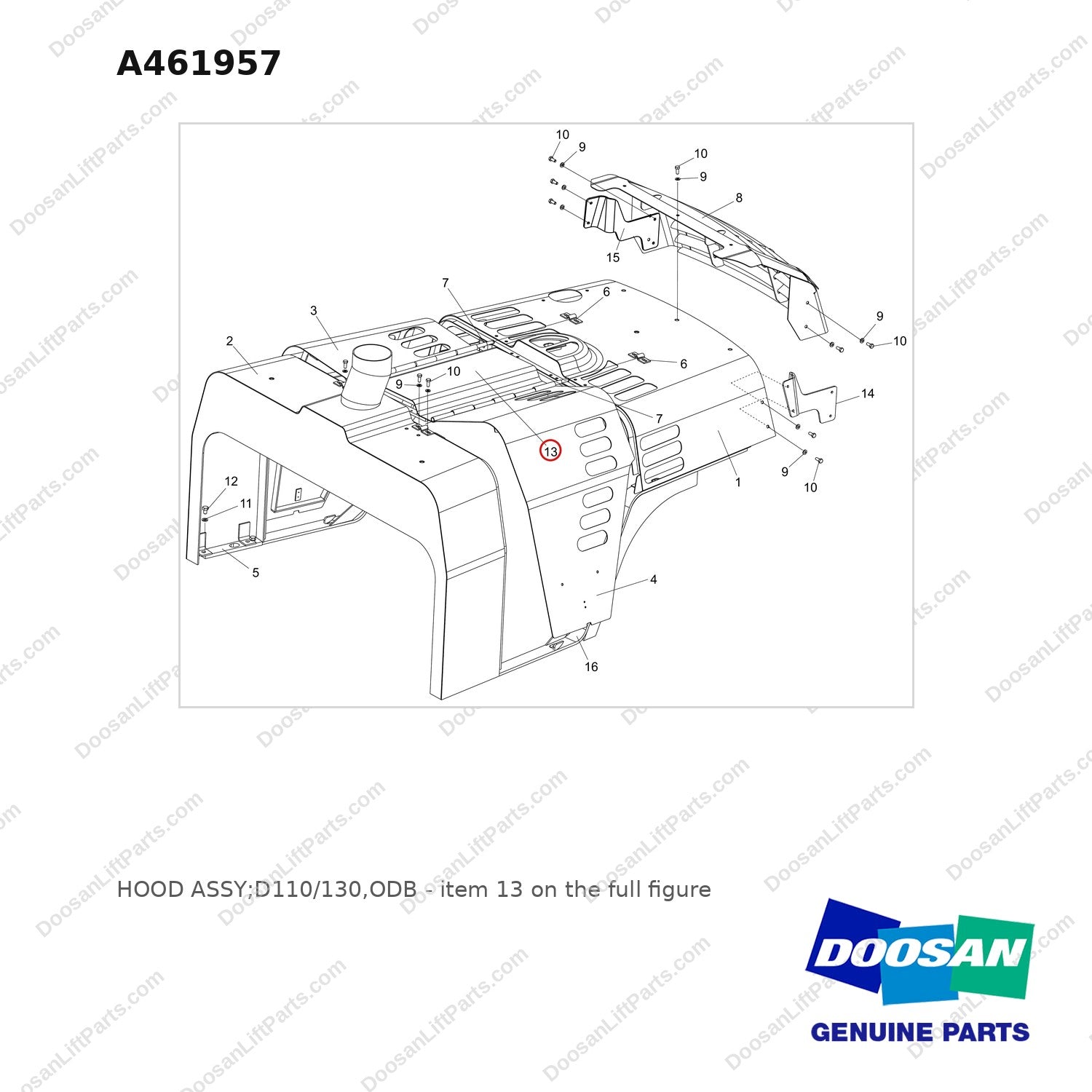 A461957 HOOD ASSY;D110/130,ODB - full parts diagram, item 13 marked - genuine Doosan / Bobcat forklift part