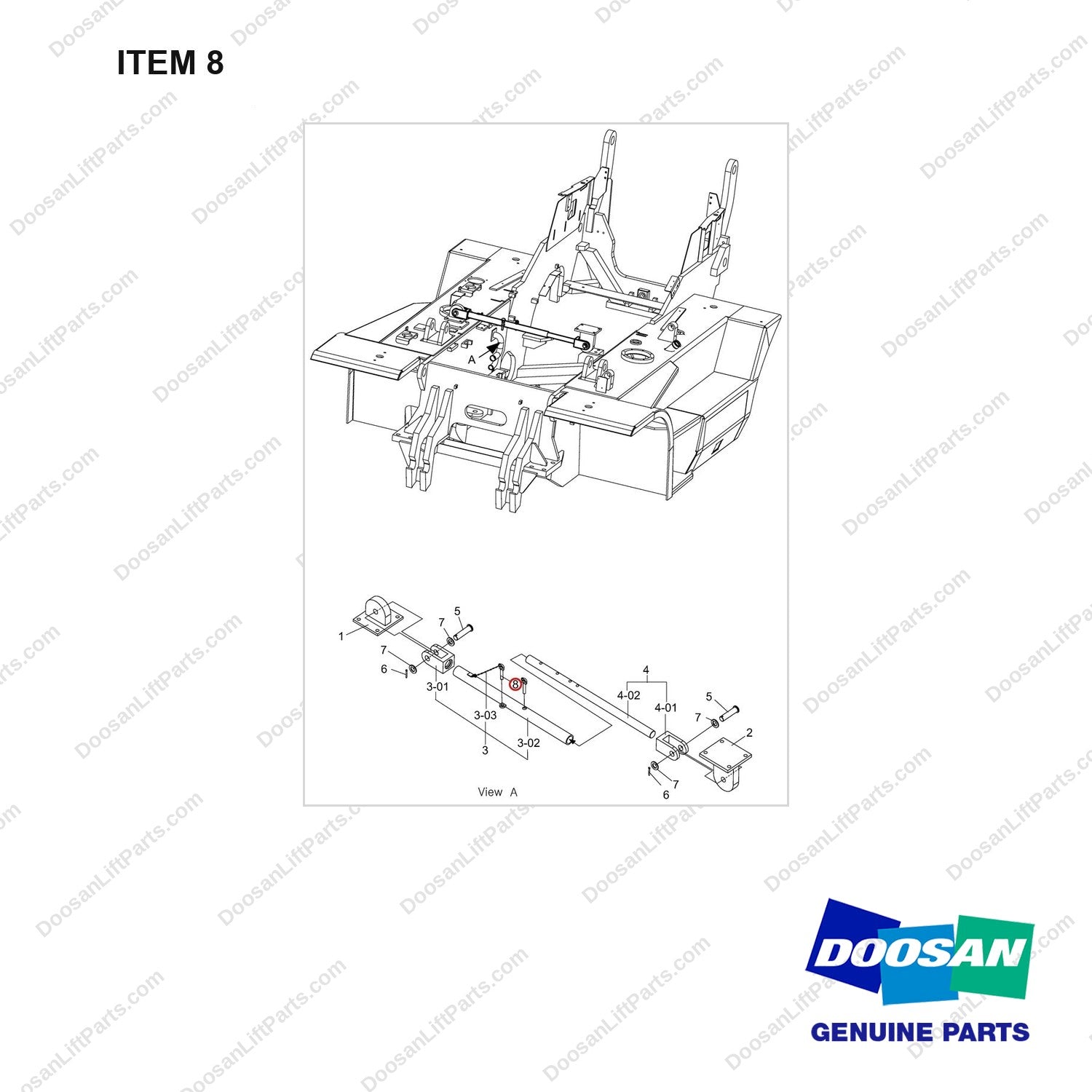 A462100 SUPPORT ASSY;SAFETY BAR - full parts diagram, item 8 marked - genuine Doosan / Bobcat forklift part