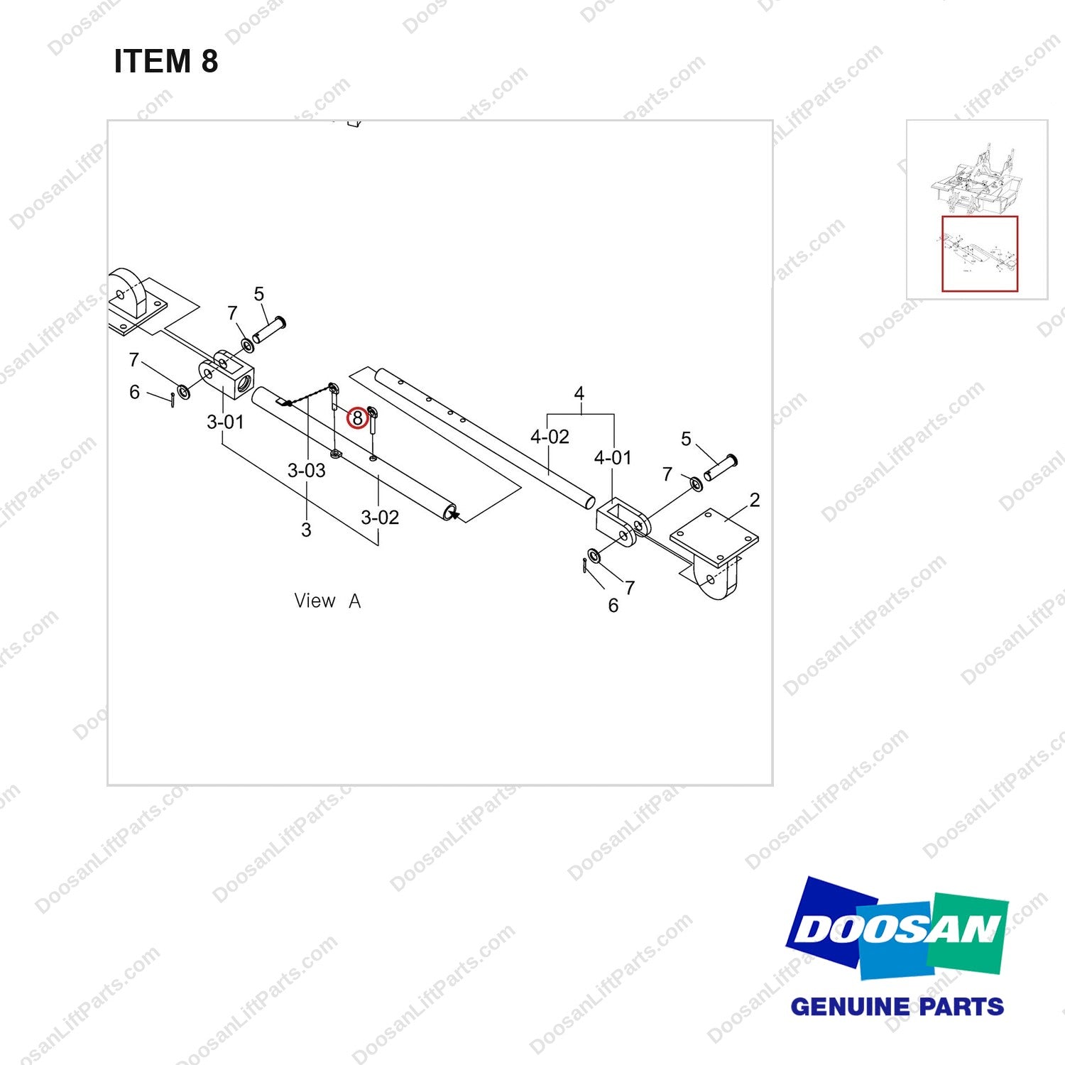 A462100 SUPPORT ASSY;SAFETY BAR - parts diagram, item 8 shown - genuine Doosan / Bobcat forklift part