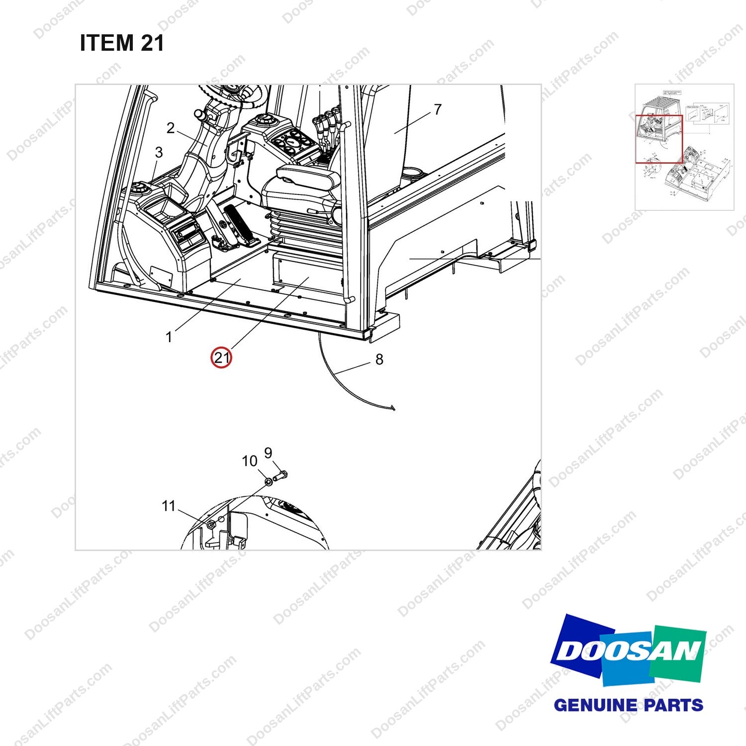 A462132 Operator Gp - STD Part 1 of 2 - parts diagram, item 21 shown - genuine Doosan / Bobcat forklift part