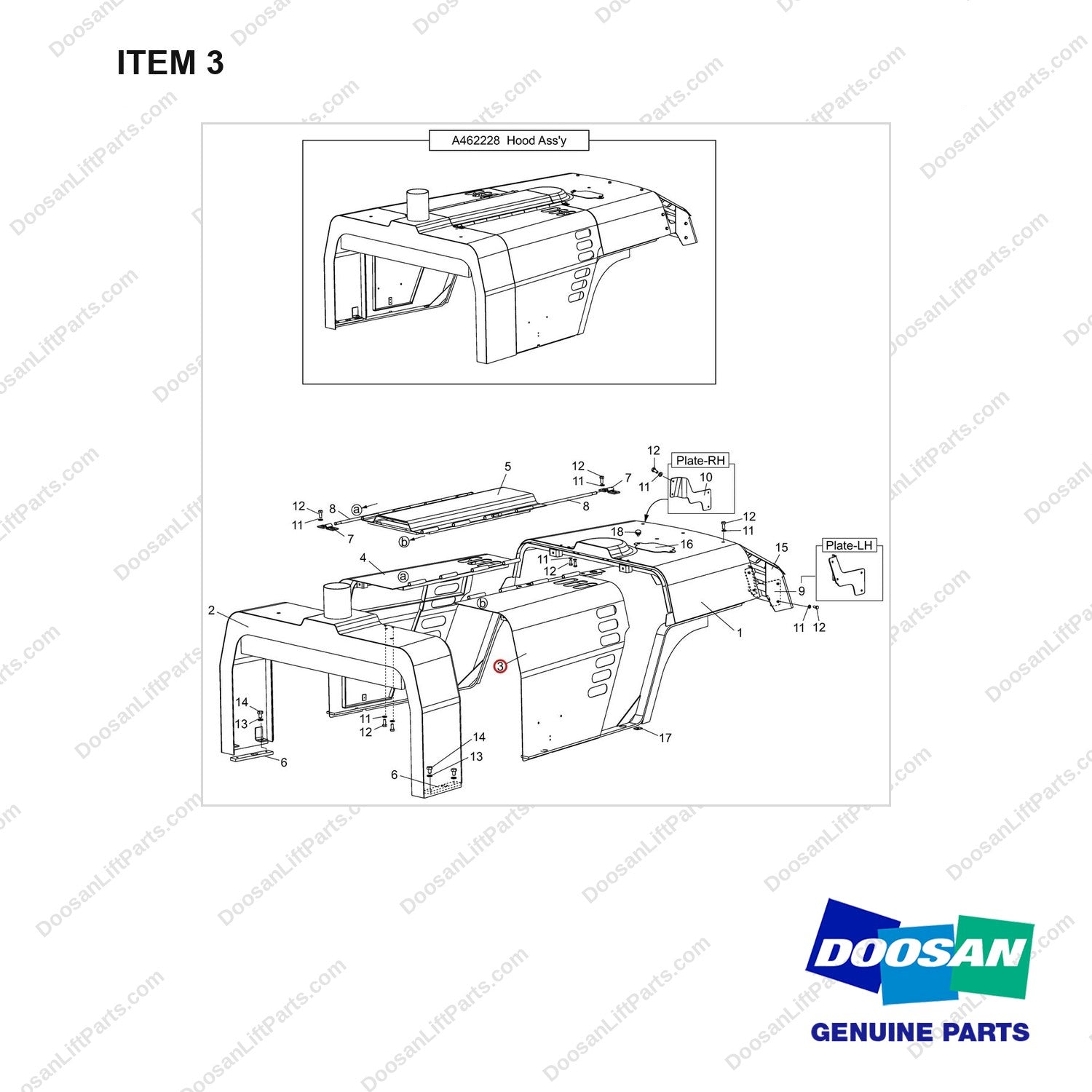 A462226 Hood Ass'y-Shoe Type Brake - full parts diagram, item 3 marked - genuine Doosan / Bobcat forklift part