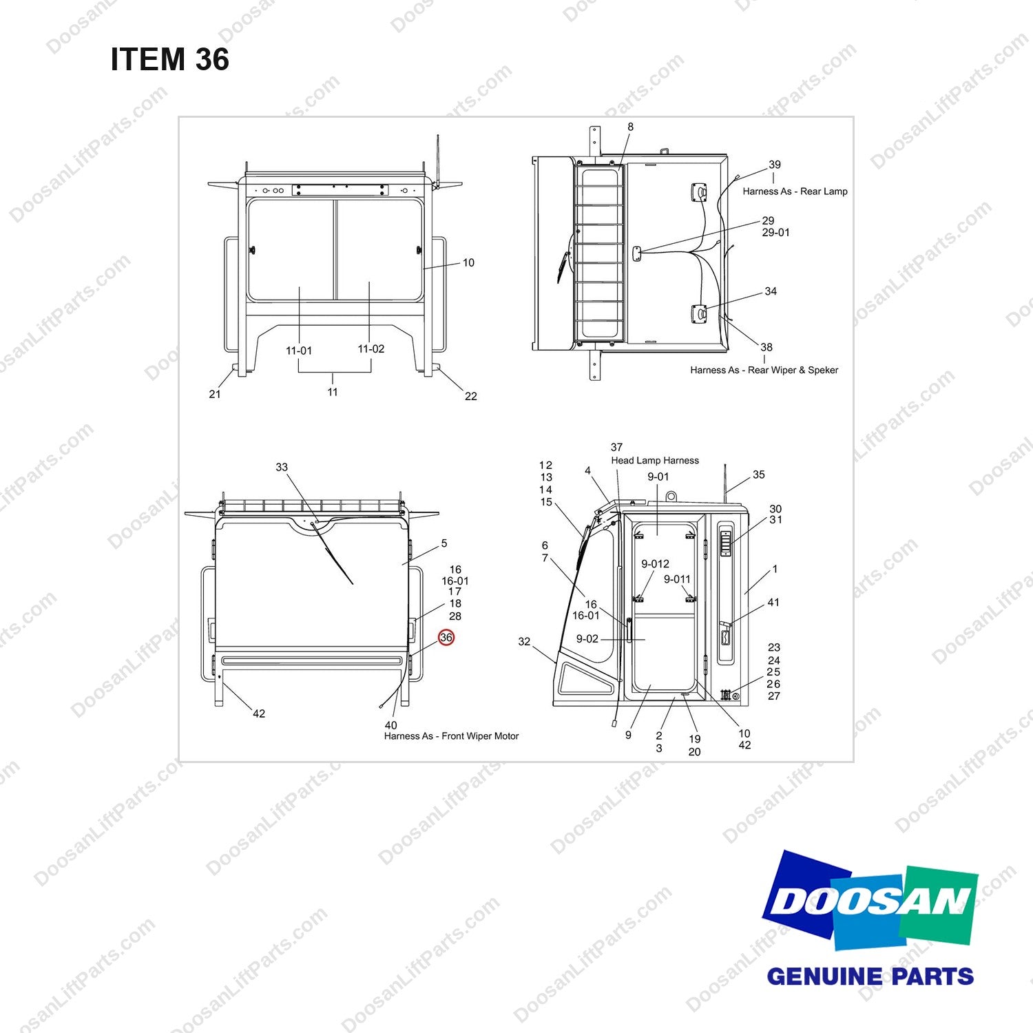 A462411 Cabin Ass'y - full parts diagram, item 36 marked - genuine Doosan / Bobcat forklift part