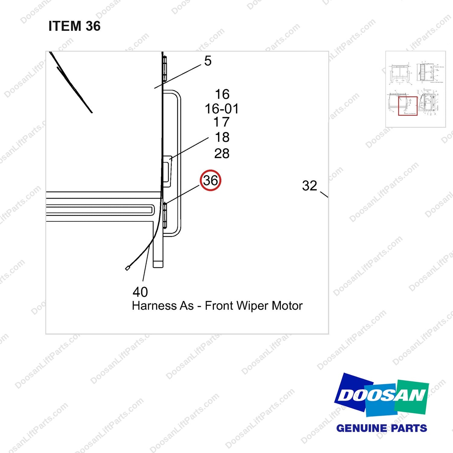 A462411 Cabin Ass'y - parts diagram, item 36 shown - genuine Doosan / Bobcat forklift part