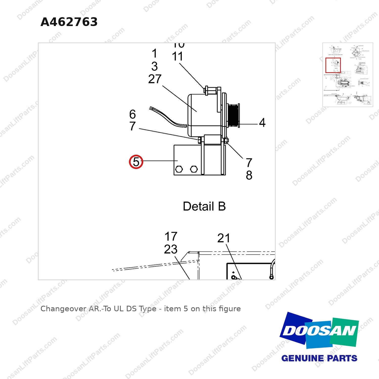 A462763 Changeover AR.-To UL DS Type - parts diagram, item 5 shown - genuine Doosan / Bobcat forklift part