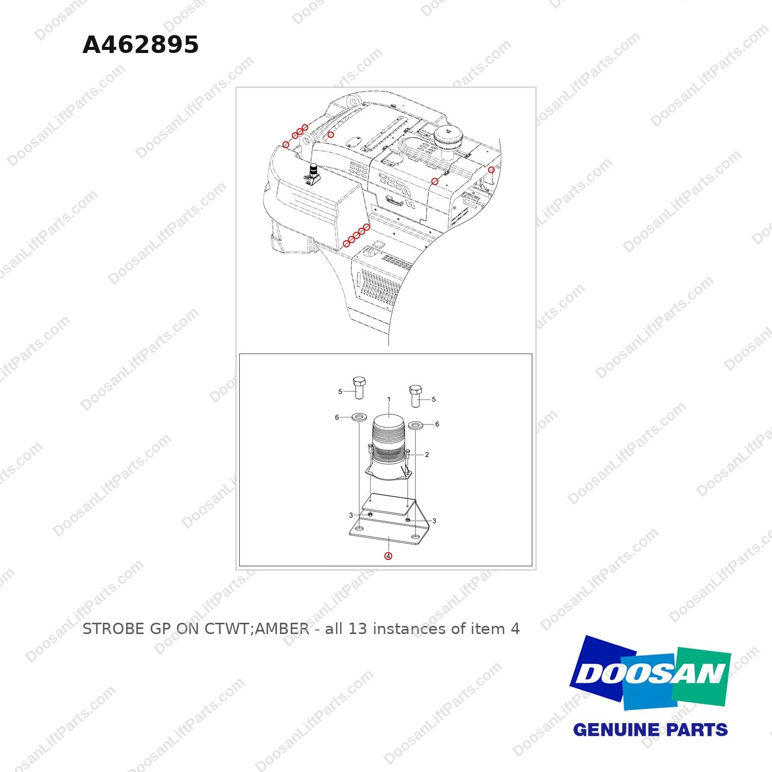 A462895 STROBE GP ON CTWT;AMBER - full parts diagram, item 4 marked - genuine Doosan / Bobcat forklift part