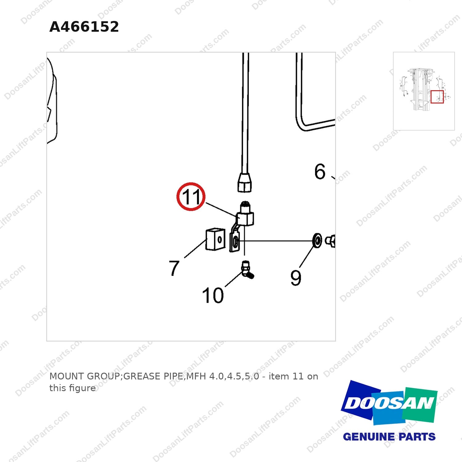 A466152 MOUNT GROUP;GREASE PIPE,MFH 4.0,4.5,5.0 - parts diagram, item 11 shown - genuine Doosan / Bobcat forklift part