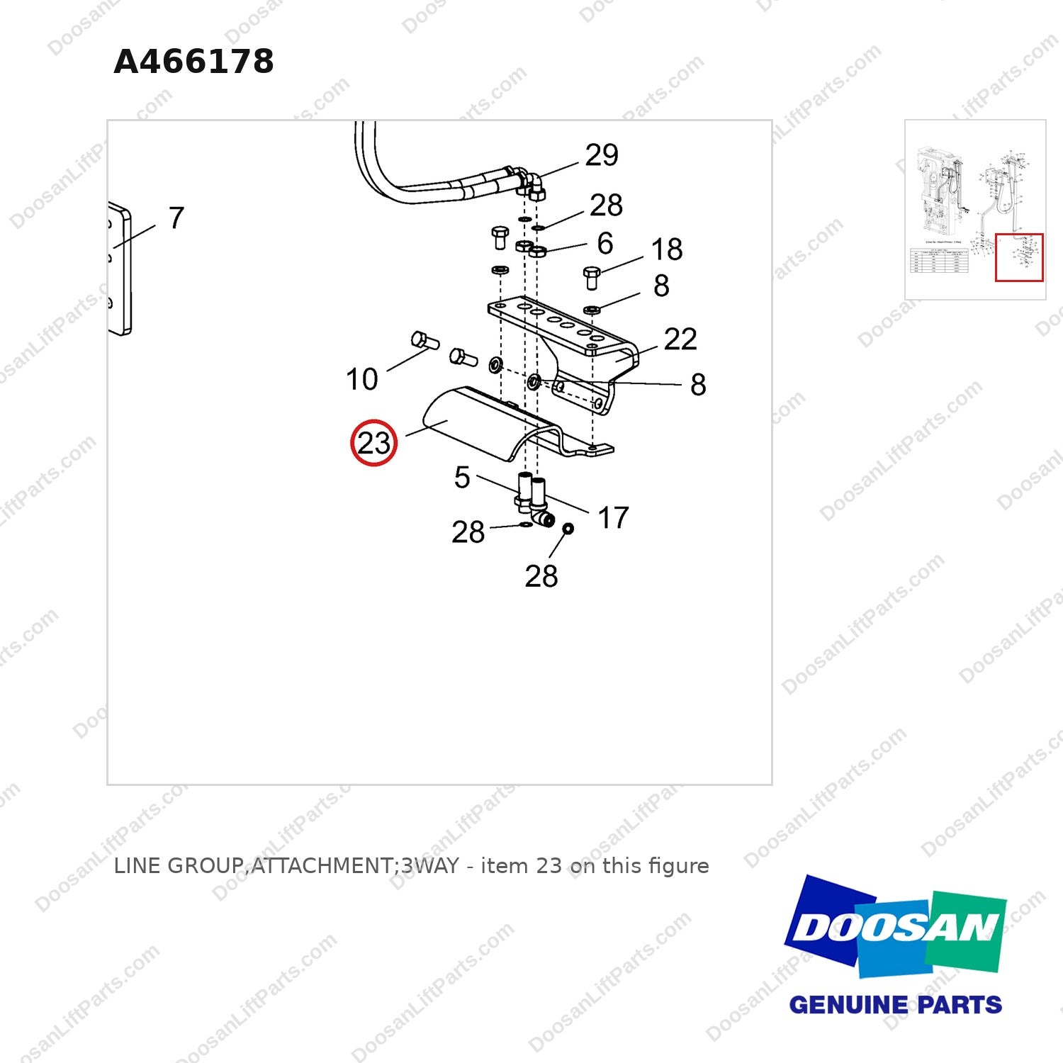 A466178 LINE GROUP,ATTACHMENT;3WAY - parts diagram, item 23 shown - genuine Doosan / Bobcat forklift part