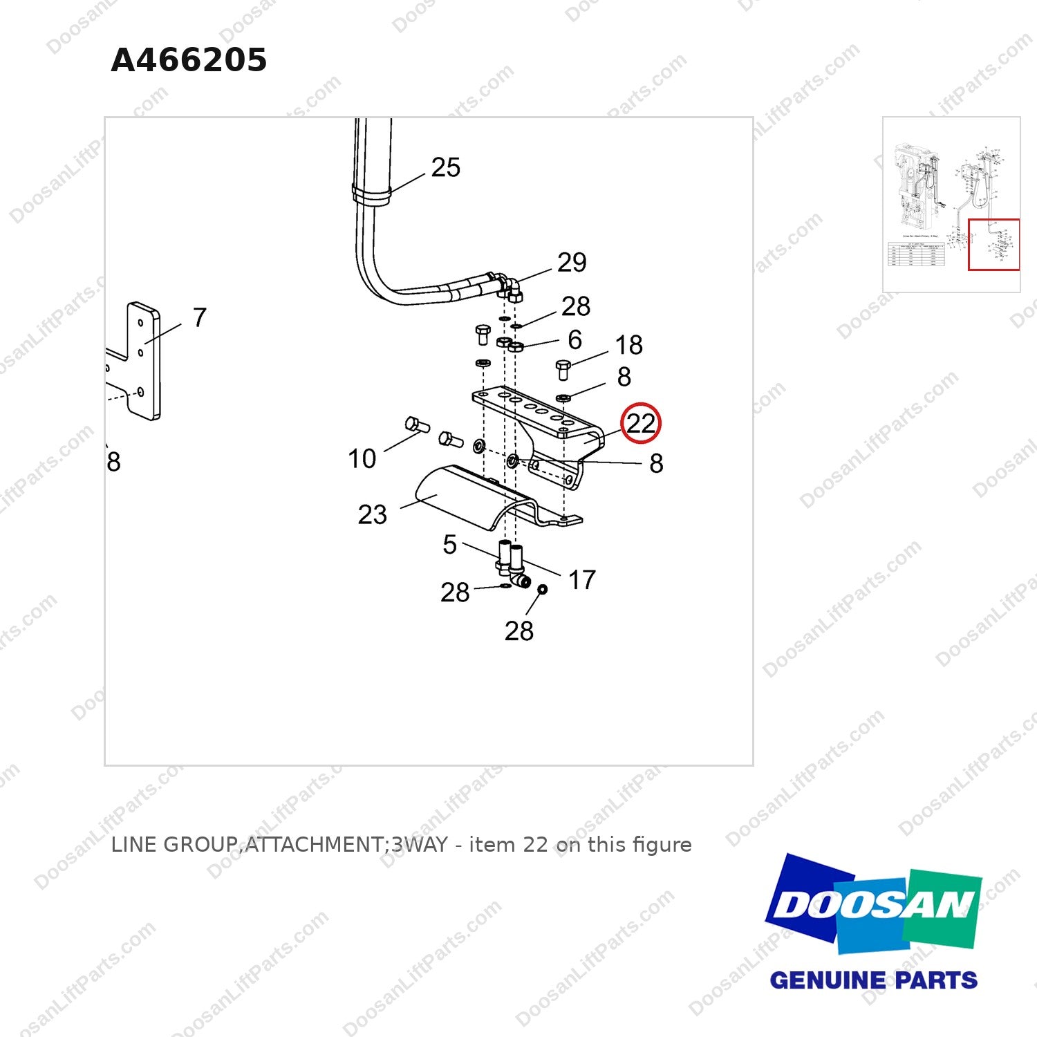 A466205 LINE GROUP,ATTACHMENT;3WAY - parts diagram, item 22 shown - genuine Doosan / Bobcat forklift part