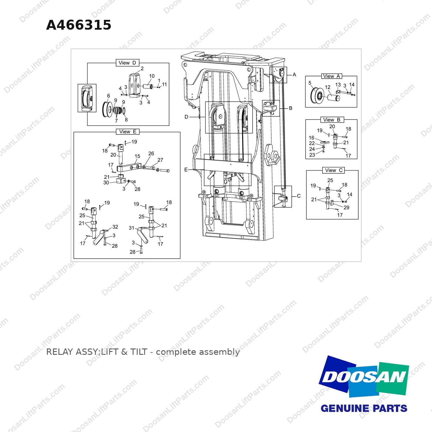 A466315 RELAY ASSY;LIFT & TILT - full parts diagram - genuine Doosan / Bobcat forklift part