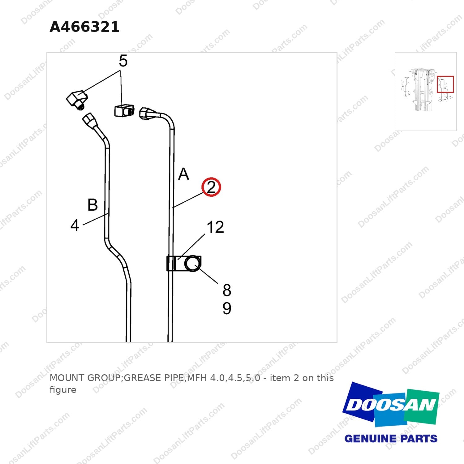 A466321 MOUNT GROUP;GREASE PIPE,MFH 4.0,4.5,5.0 - parts diagram, item 2 shown - genuine Doosan / Bobcat forklift part