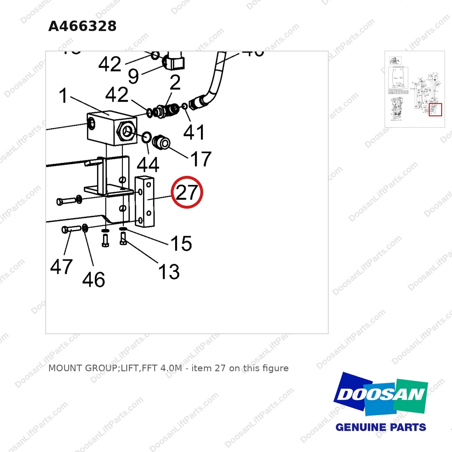 A466328 MOUNT GROUP;LIFT,FFT 4.0M - parts diagram, item 27 shown - genuine Doosan / Bobcat forklift part