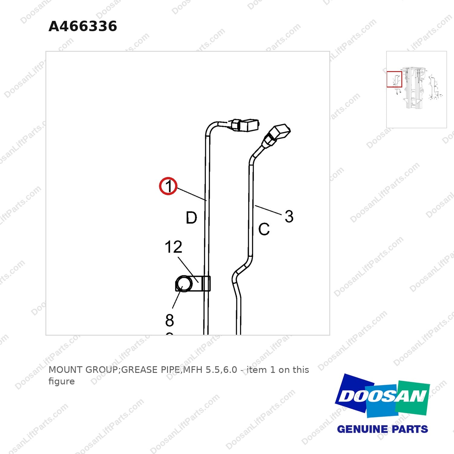 A466336 MOUNT GROUP;GREASE PIPE,MFH 5.5,6.0 - parts diagram, item 1 shown - genuine Doosan / Bobcat forklift part