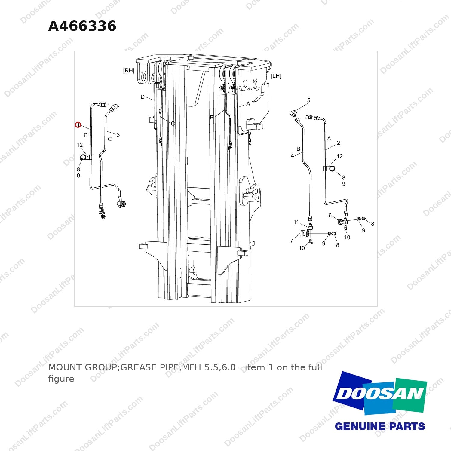 A466336 MOUNT GROUP;GREASE PIPE,MFH 5.5,6.0 - full parts diagram, item 1 marked - genuine Doosan / Bobcat forklift part