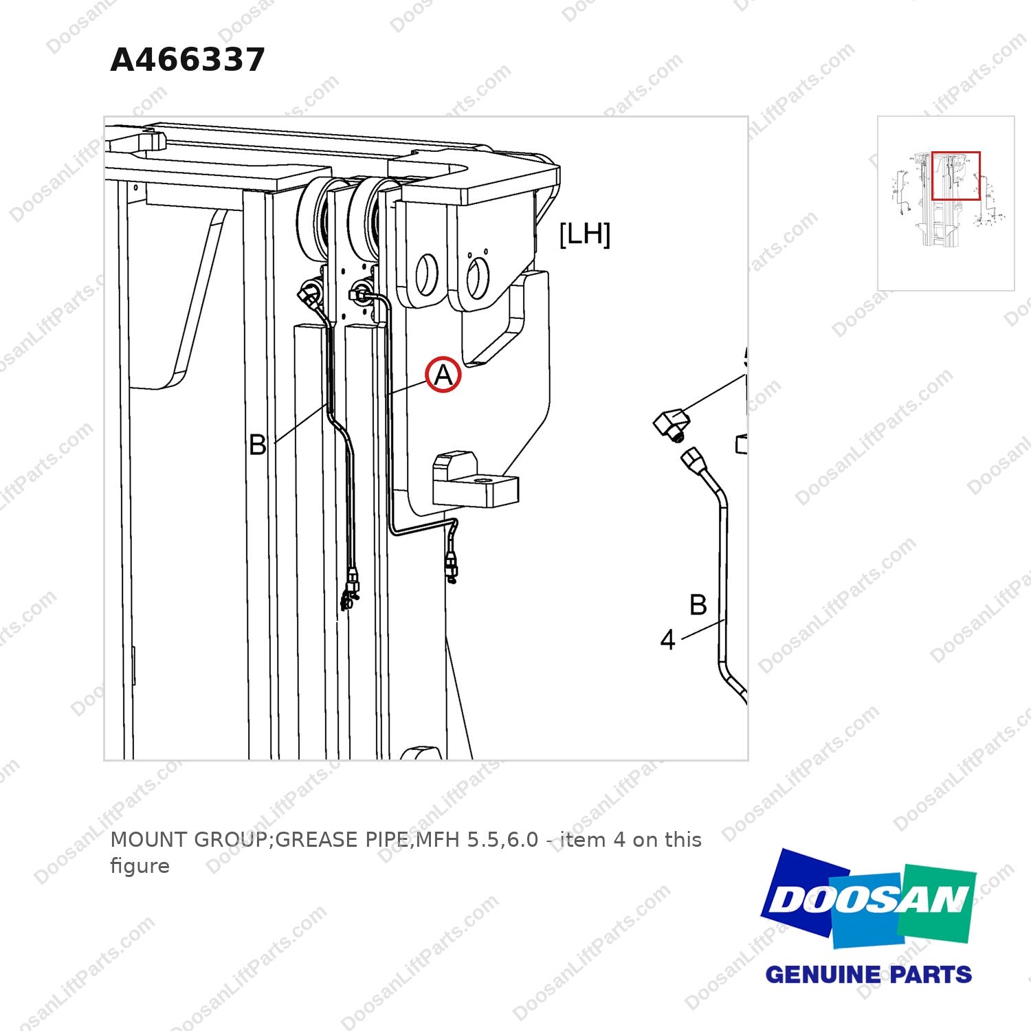 A466337 MOUNT GROUP;GREASE PIPE,MFH 5.5,6.0 - parts diagram, item 4 shown - genuine Doosan / Bobcat forklift part