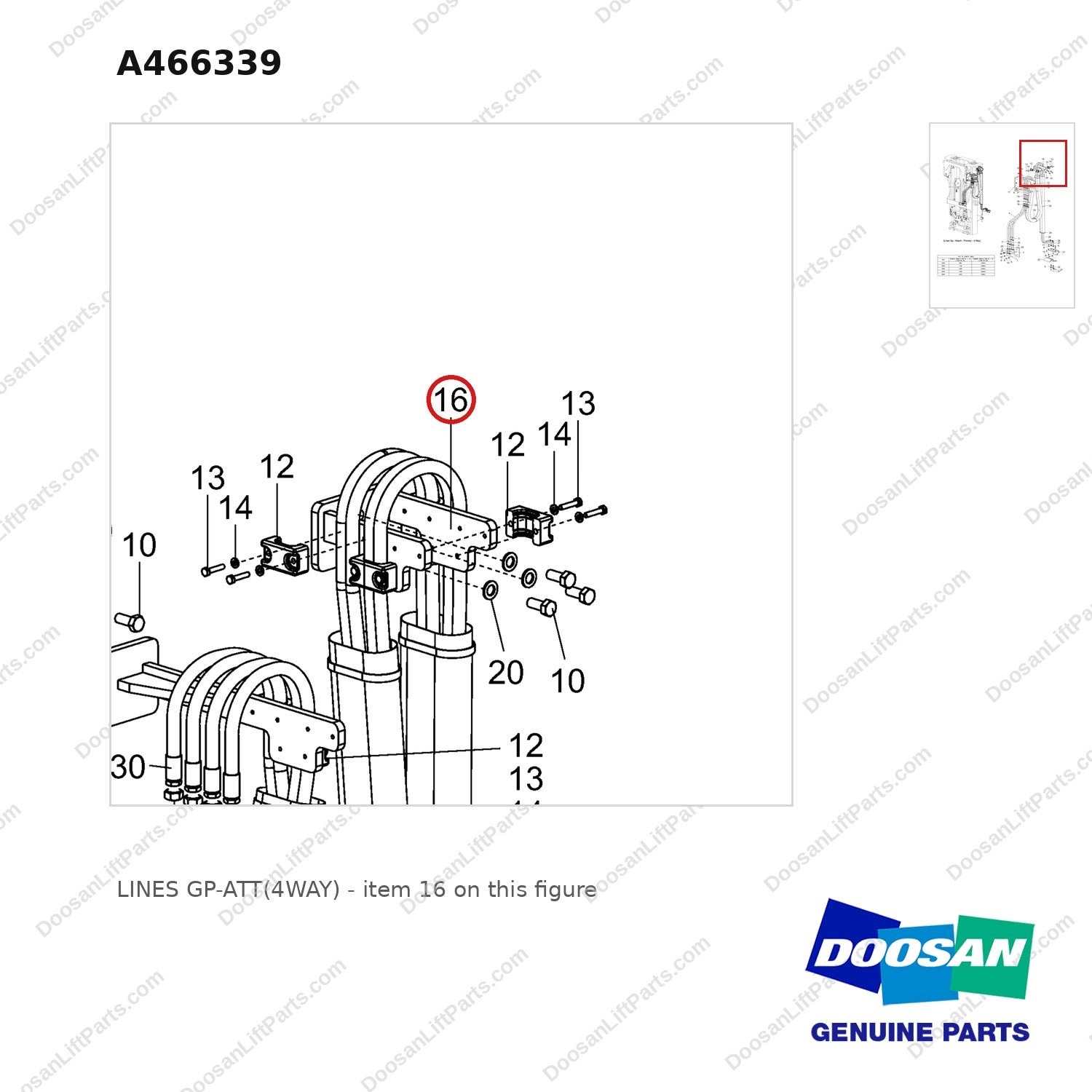A466339 LINES GP-ATT(4WAY) - parts diagram, item 16 shown - genuine Doosan / Bobcat forklift part