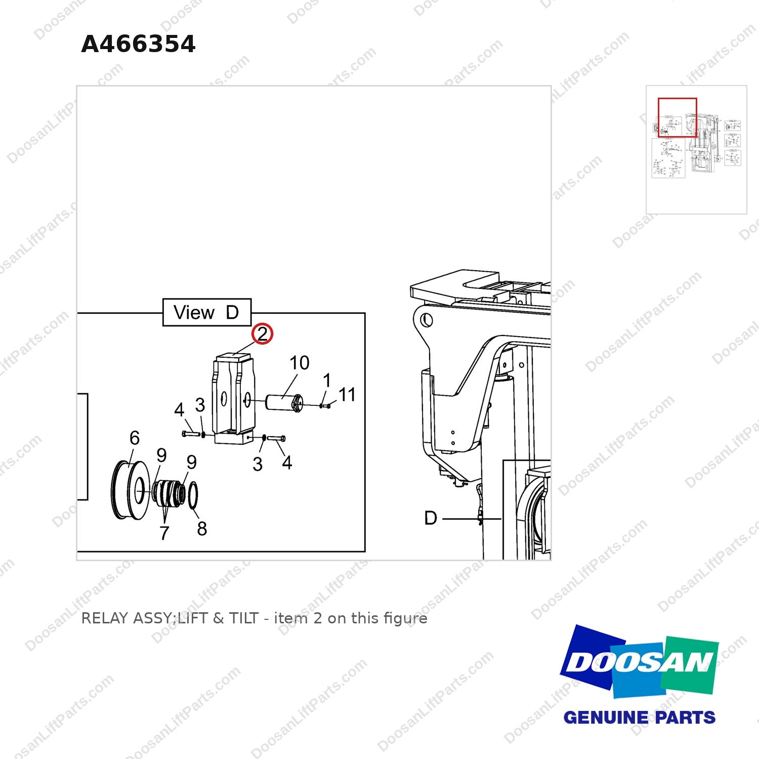 A466354 RELAY ASSY;LIFT & TILT - parts diagram, item 2 shown - genuine Doosan / Bobcat forklift part