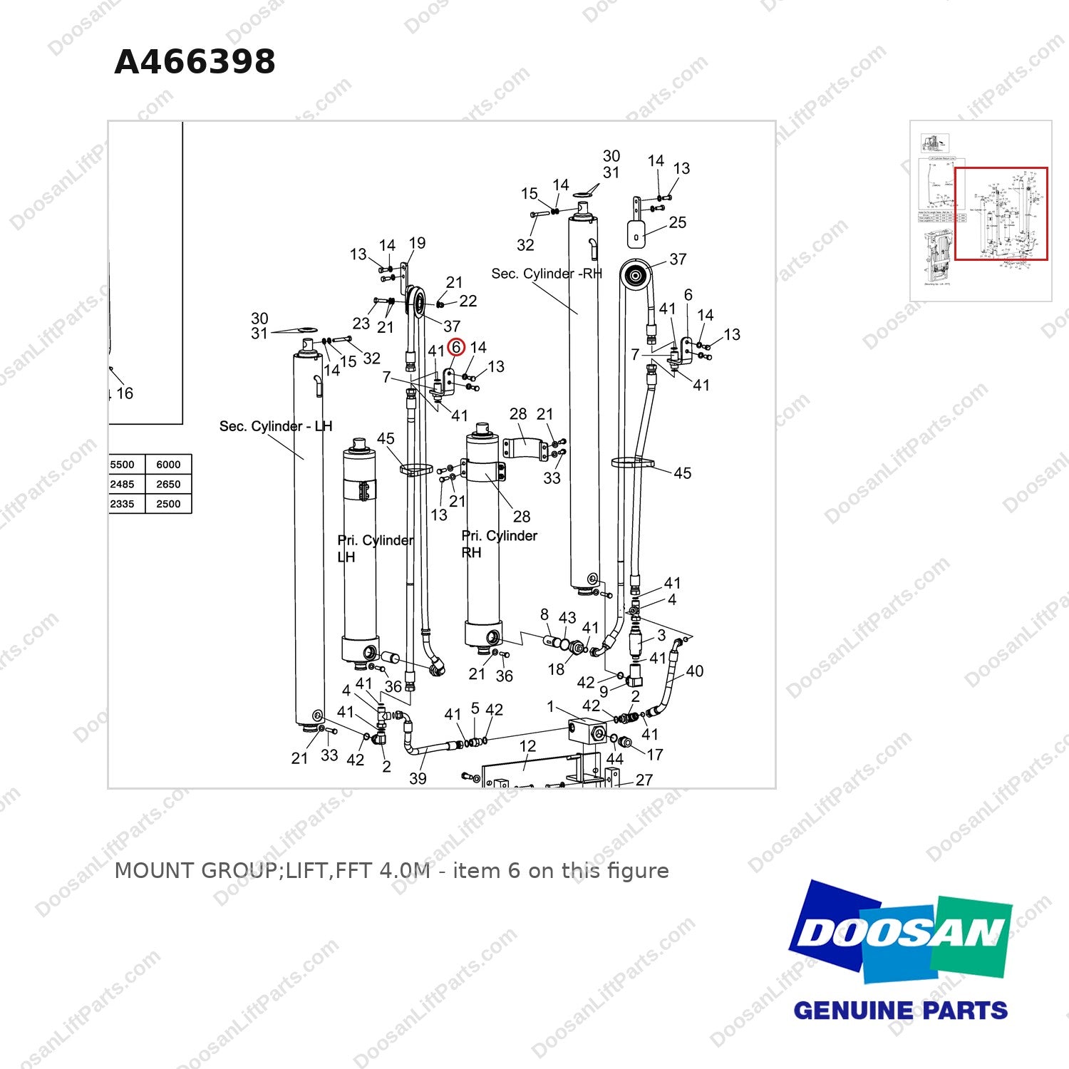 A466398 MOUNT GROUP;LIFT,FFT 4.0M - parts diagram, item 6 shown - genuine Doosan / Bobcat forklift part