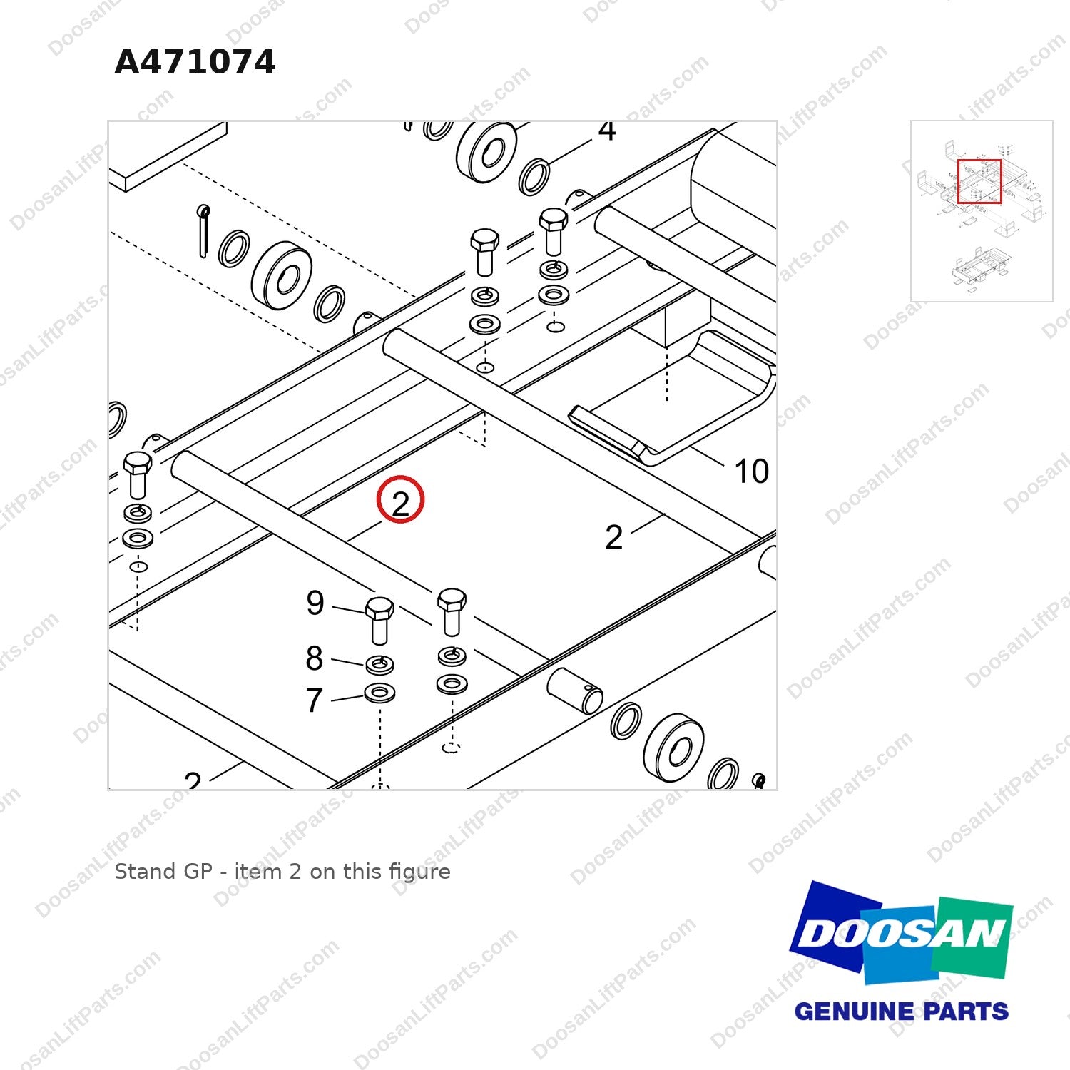 A471074 Stand GP - parts diagram, item 2 shown - genuine Doosan / Bobcat forklift part