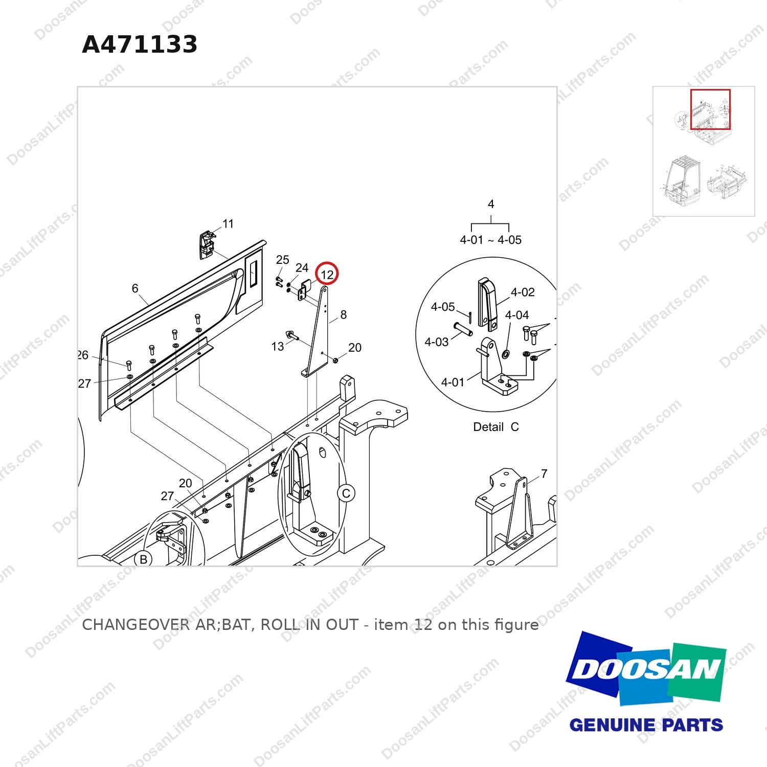 A471133 CHANGEOVER AR;BAT, ROLL IN OUT - parts diagram, item 12 shown - genuine Doosan / Bobcat forklift part