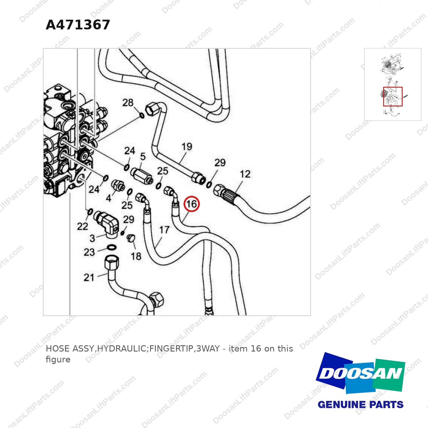A471367 HOSE ASSY,HYDRAULIC;FINGERTIP,3WAY - parts diagram, item 16 shown - genuine Doosan / Bobcat forklift part