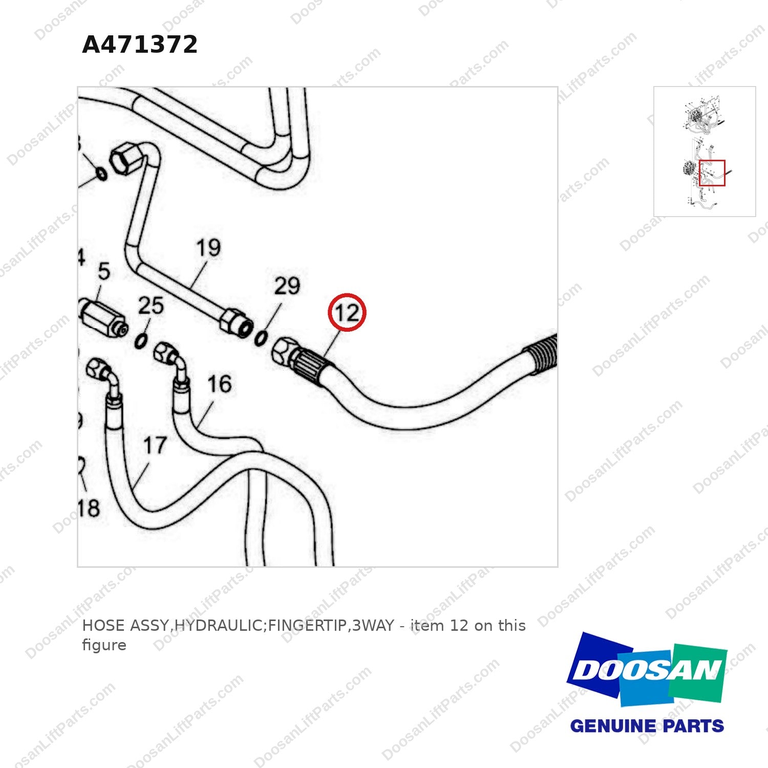 A471372 HOSE ASSY,HYDRAULIC;FINGERTIP,3WAY - parts diagram, item 12 shown - genuine Doosan / Bobcat forklift part