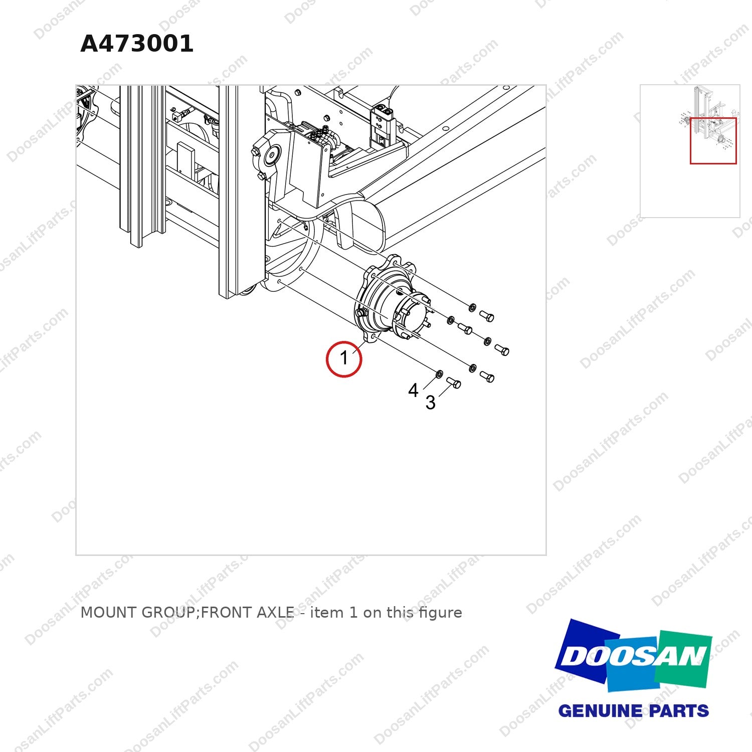A473001 MOUNT GROUP;FRONT AXLE - parts diagram, item 1 shown - genuine Doosan / Bobcat forklift part