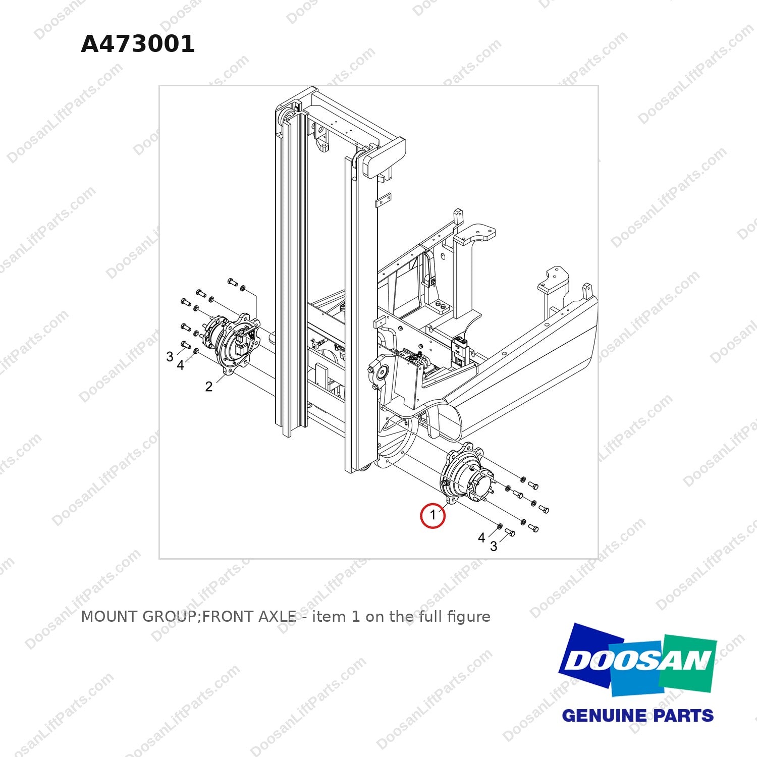 A473001 MOUNT GROUP;FRONT AXLE - full parts diagram, item 1 marked - genuine Doosan / Bobcat forklift part