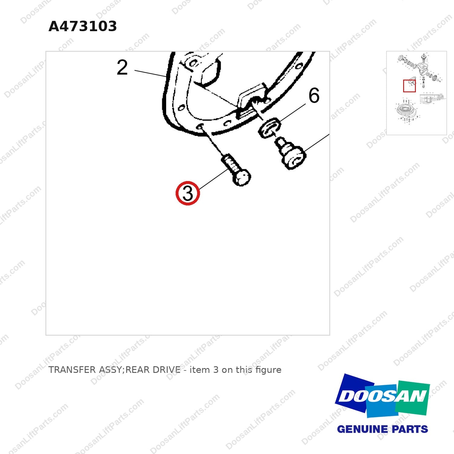 A473103 TRANSFER ASSY;REAR DRIVE - parts diagram, item 3 shown - genuine Doosan / Bobcat forklift part