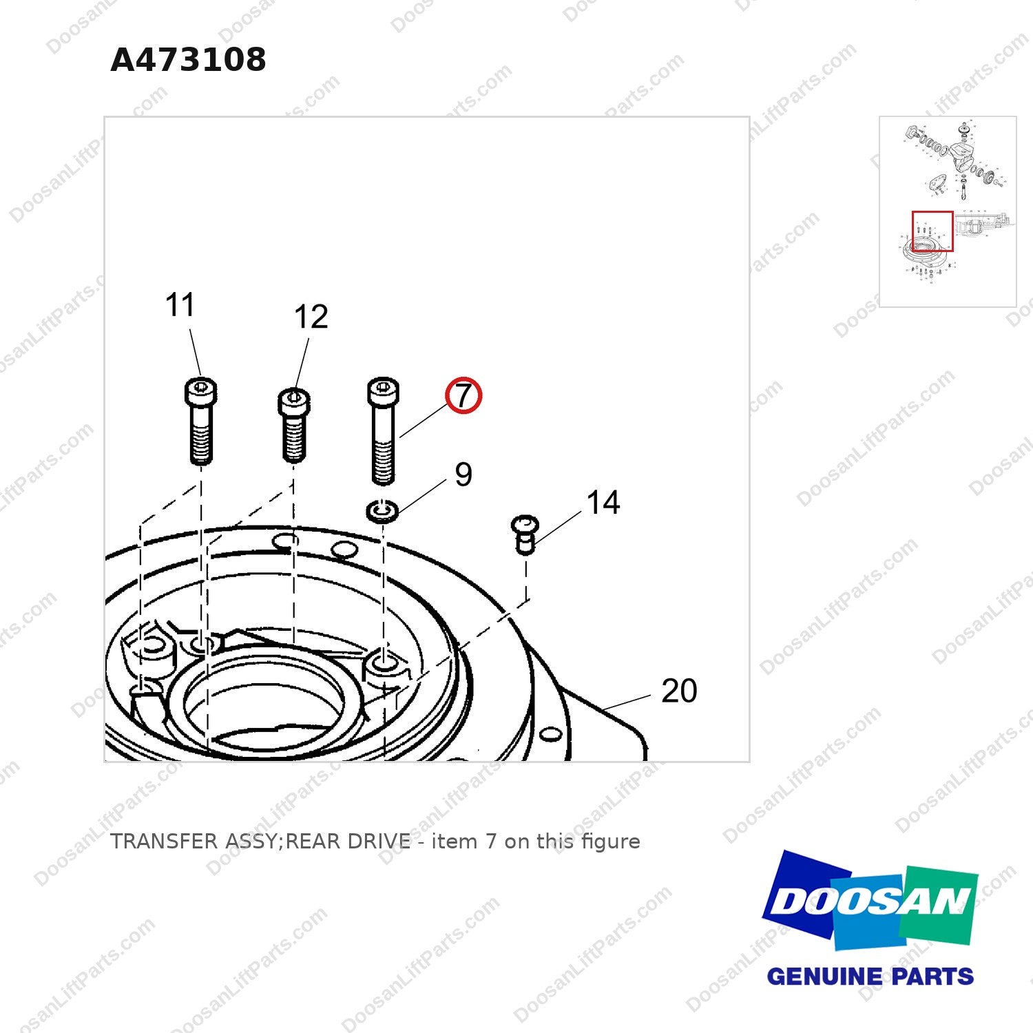A473108 TRANSFER ASSY;REAR DRIVE - parts diagram, item 7 shown - genuine Doosan / Bobcat forklift part