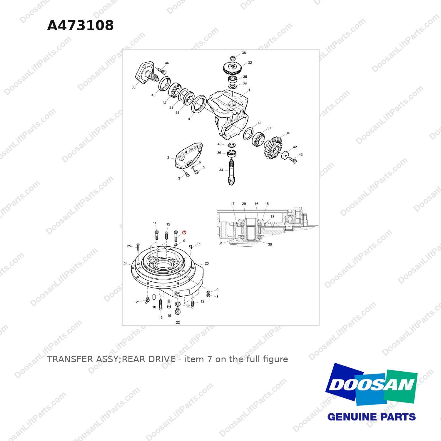 A473108 TRANSFER ASSY;REAR DRIVE - full parts diagram, item 7 marked - genuine Doosan / Bobcat forklift part
