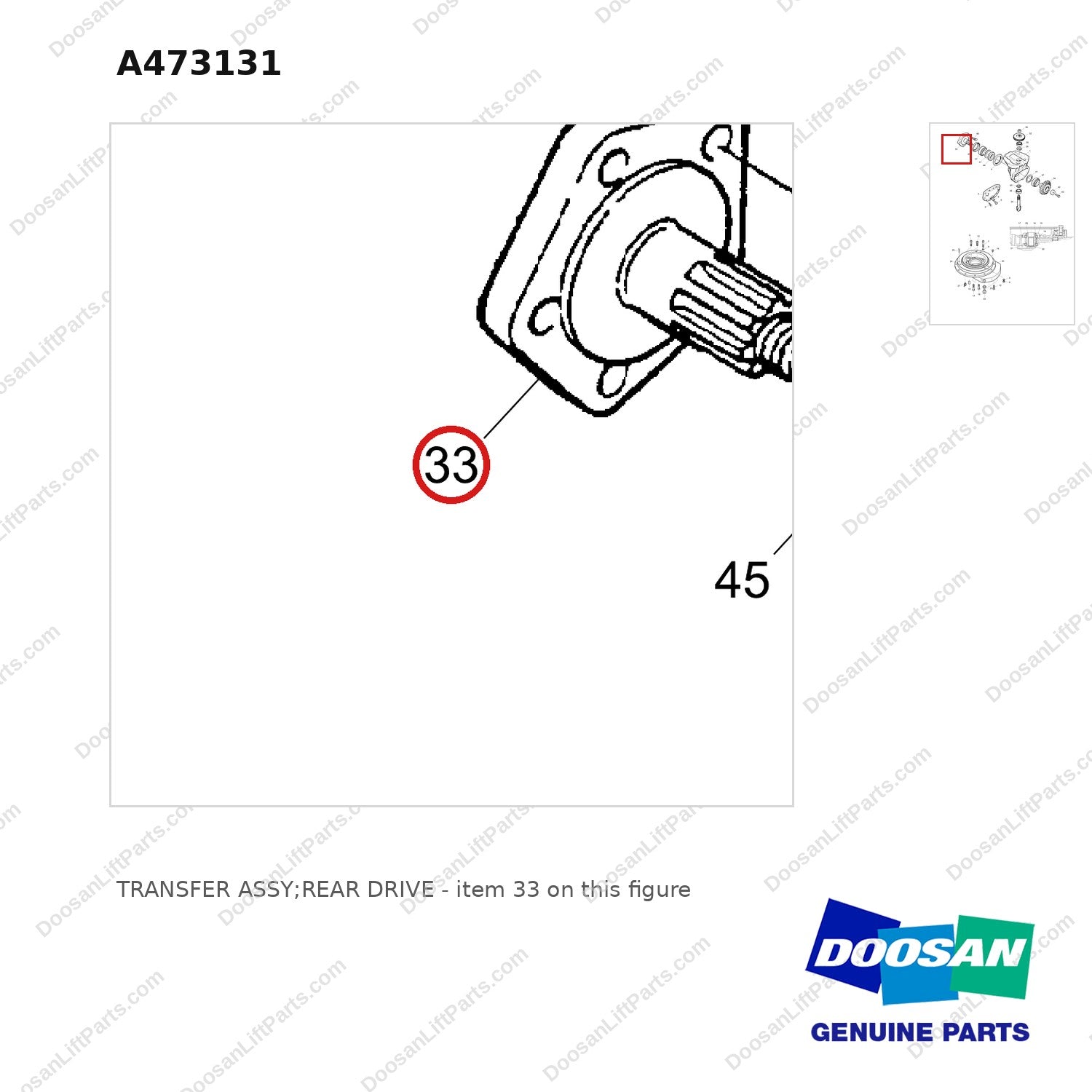 A473131 TRANSFER ASSY;REAR DRIVE - parts diagram, item 33 shown - genuine Doosan / Bobcat forklift part