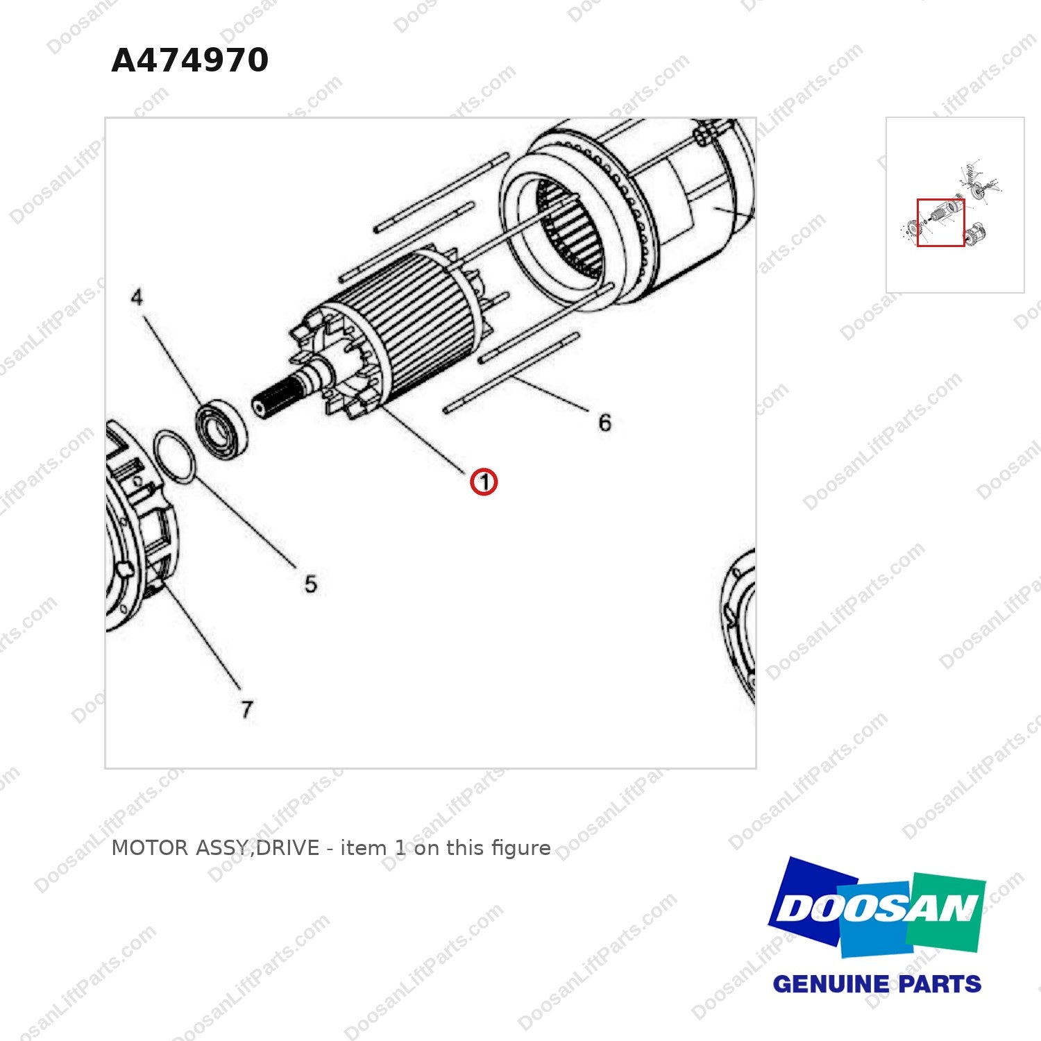 A474970 MOTOR ASSY,DRIVE - parts diagram, item 1 shown - genuine Doosan / Bobcat forklift part