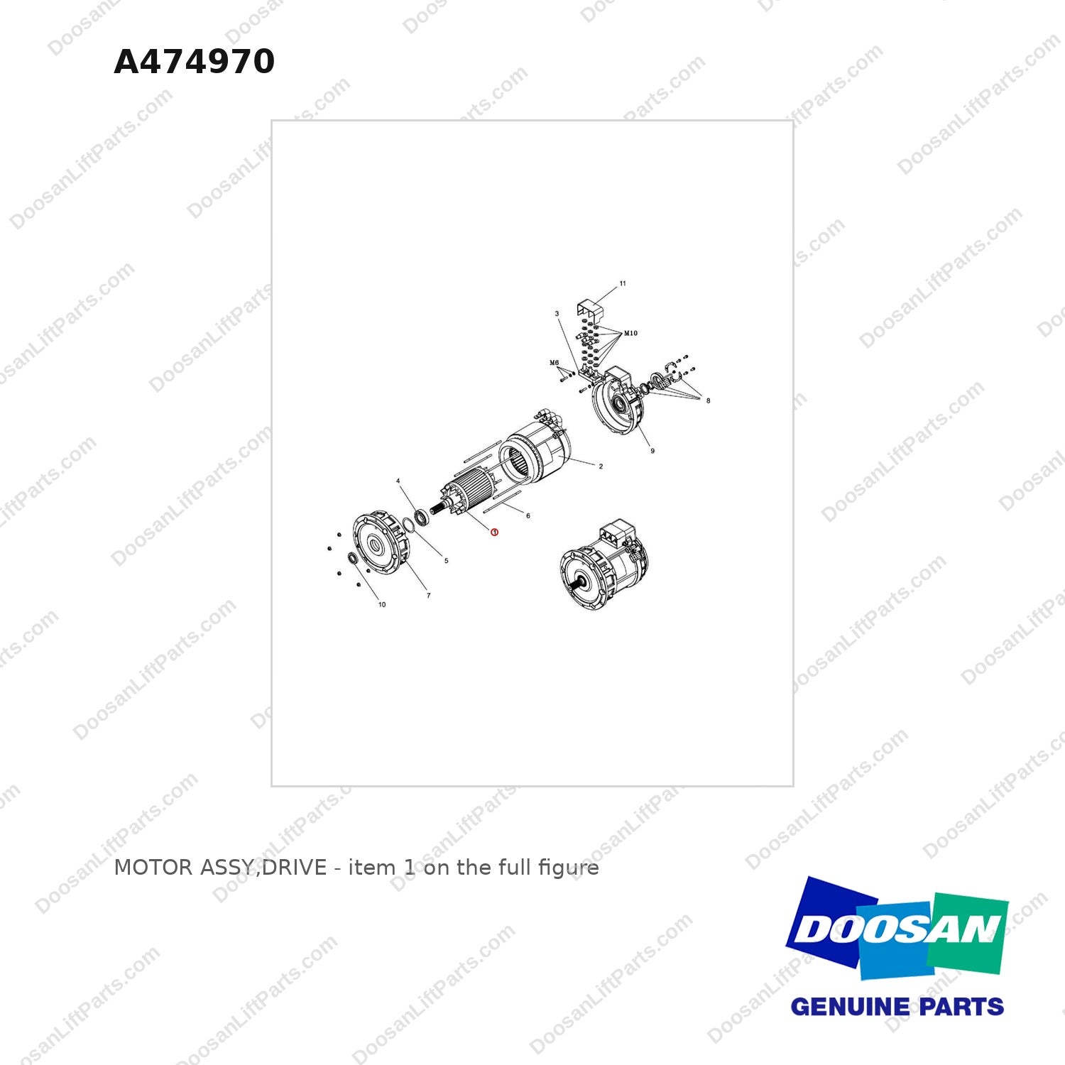 A474970 MOTOR ASSY,DRIVE - full parts diagram, item 1 marked - genuine Doosan / Bobcat forklift part
